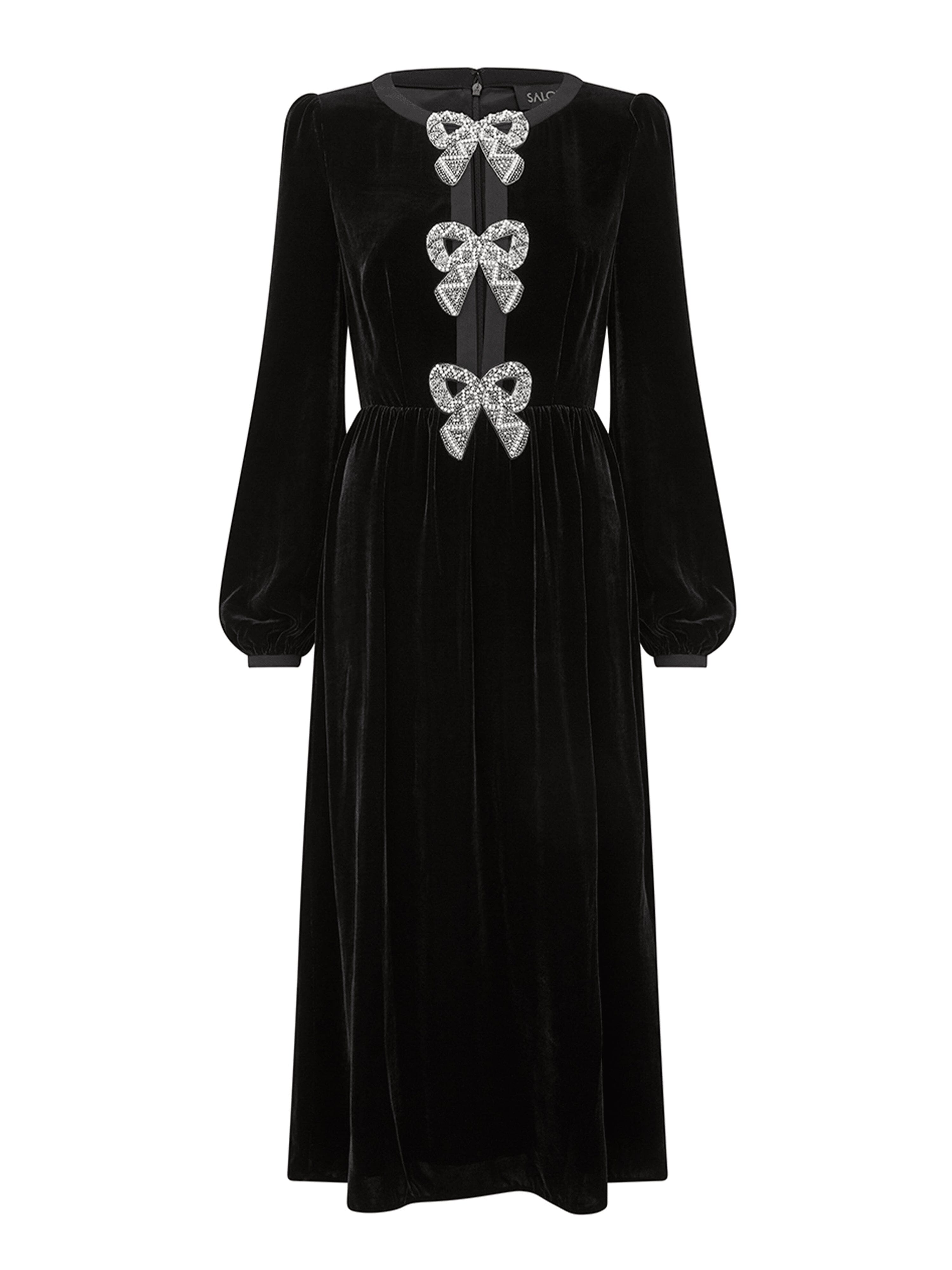 Saloni London - Camille Velvet Embellished Bows Dress in Black Saloni London - Camille Velvet Embellished Bows Dress in Black