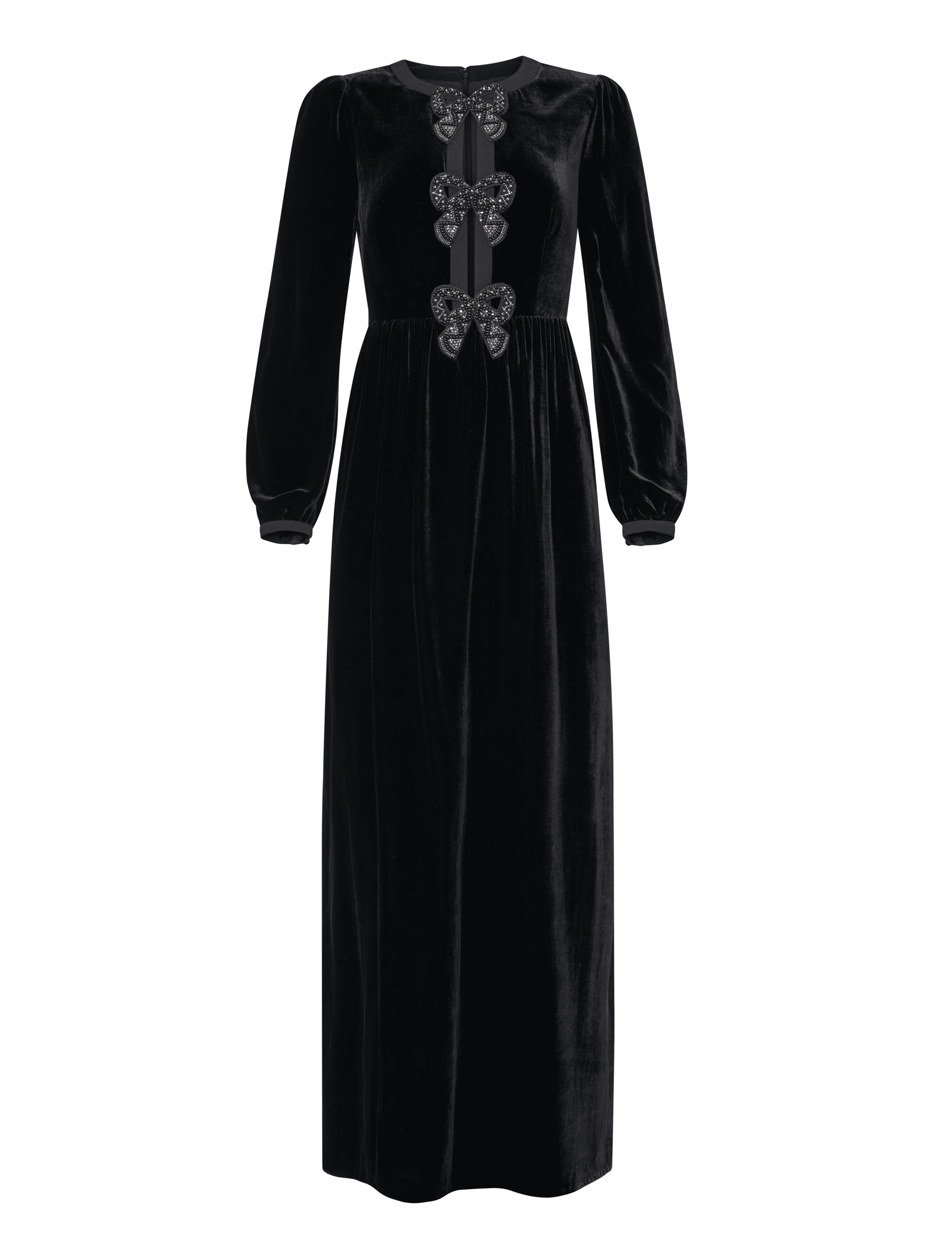 Camille Velvet Embellished Black Bows Long Dress in Black Camille Velvet Embellished Black Bows Long Dress in Black