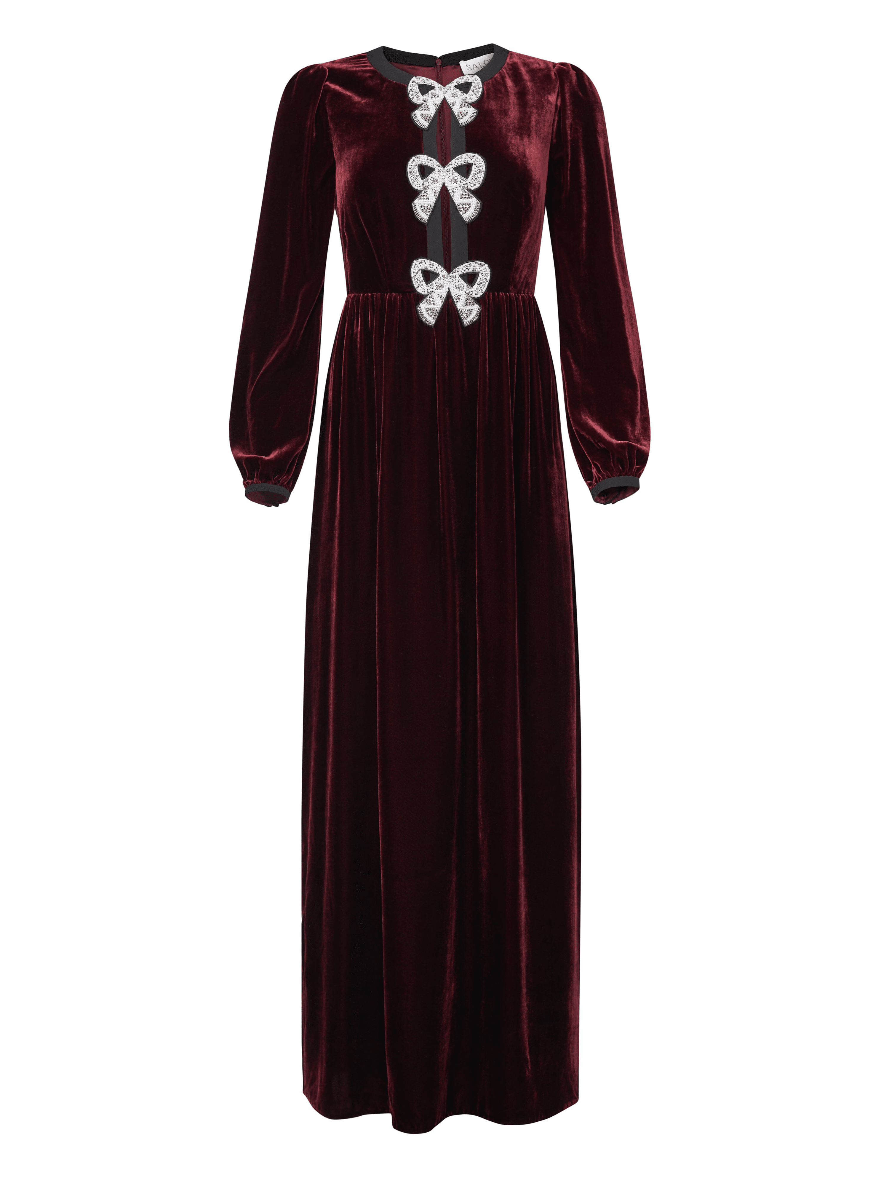Camille Velvet Embellished Bows Long Dress in Burgundy Camille Velvet Embellished Bows Long Dress in Burgundy