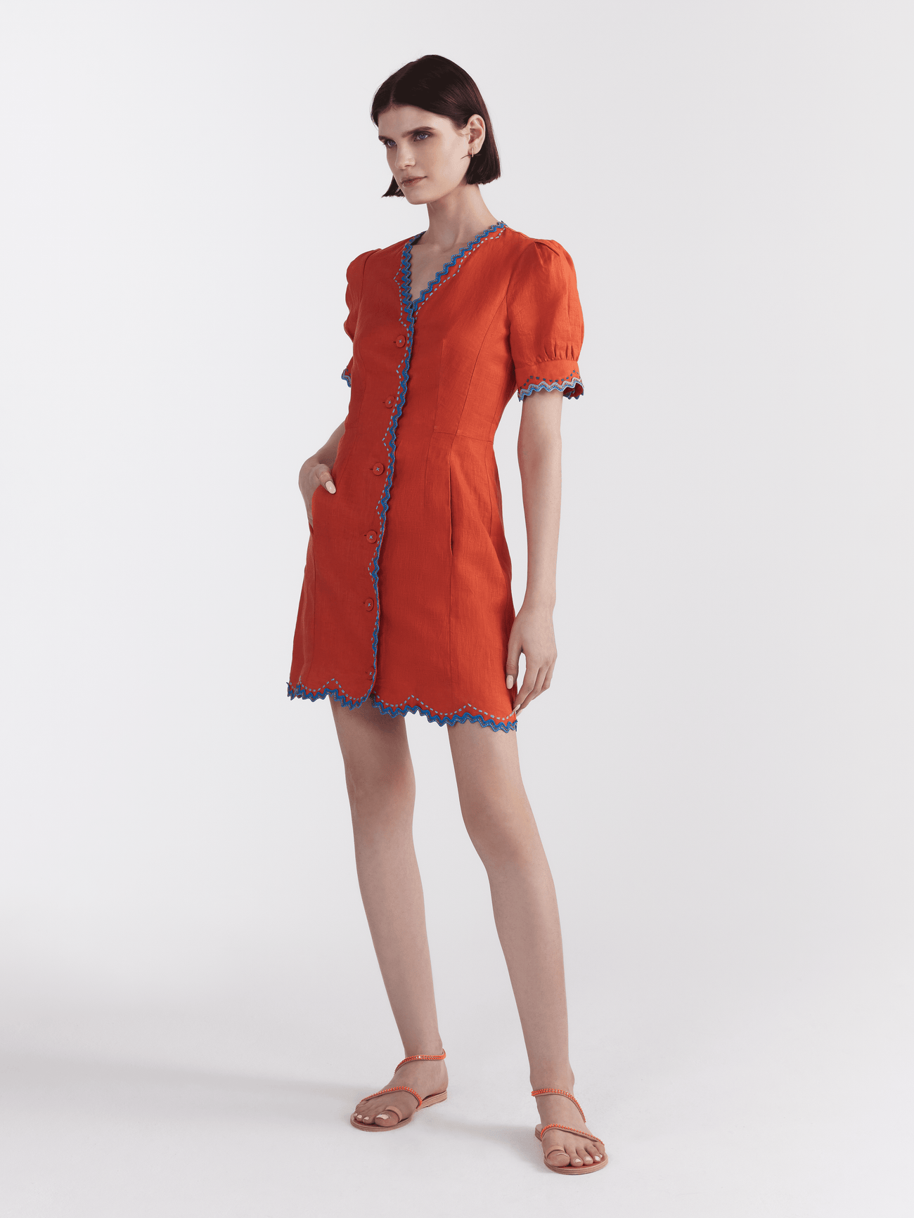 Load image into Gallery viewer, Marlee Dress in Coral with Stitch Embroidery