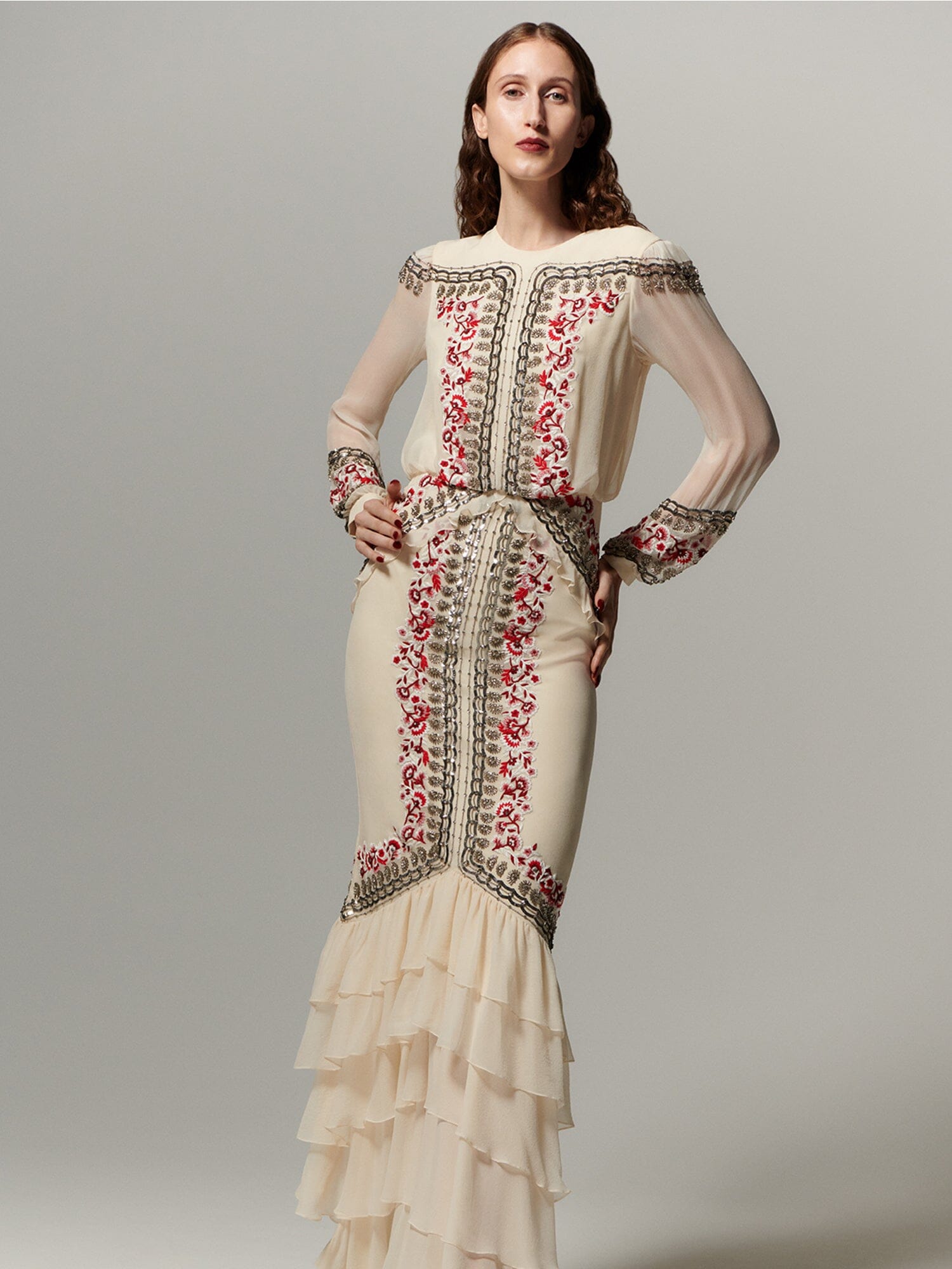 Isa Long C Dress Cream Botanic Embroidery