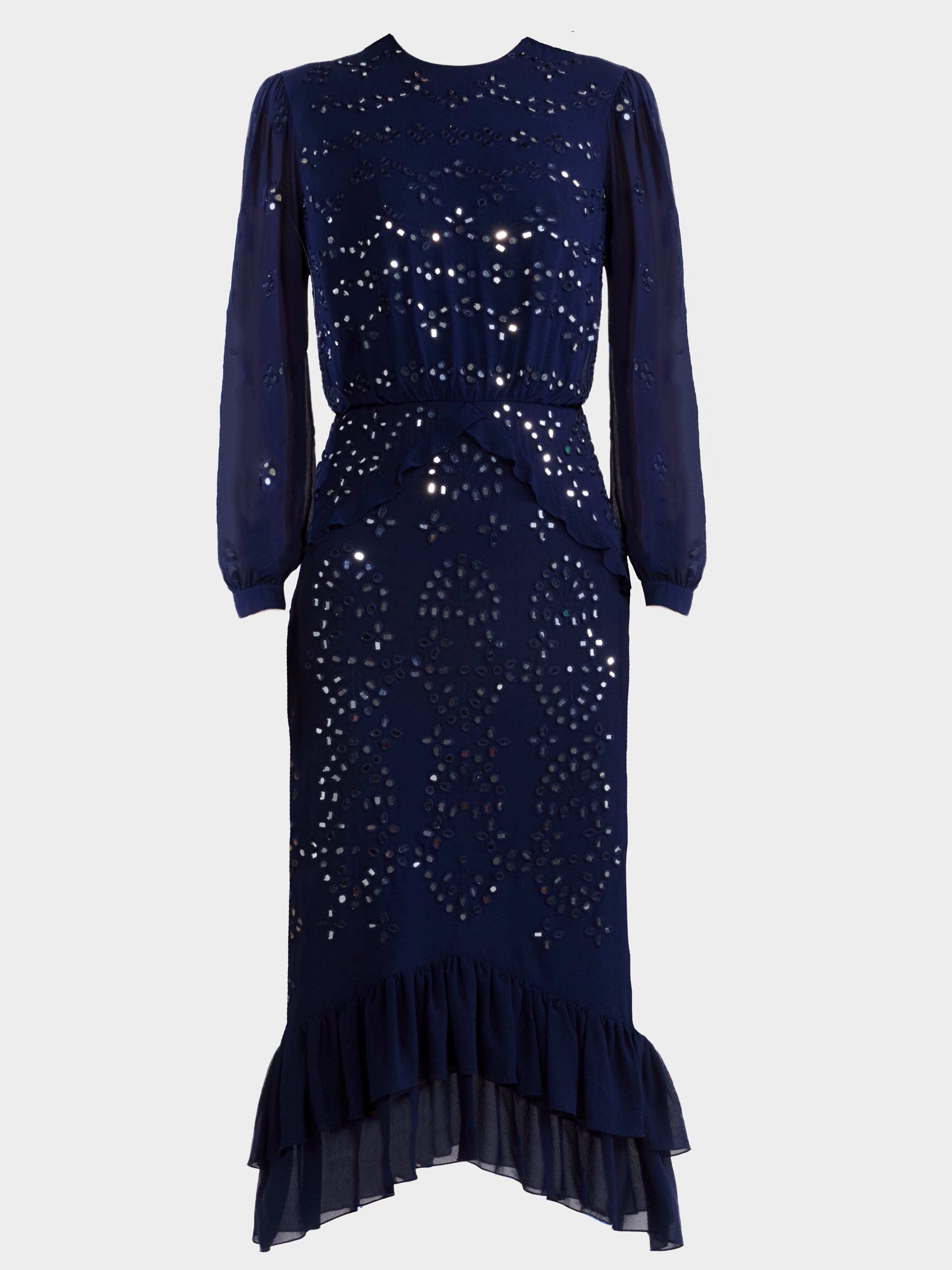 Venyx Isa Silk B Dress in Navy Ornate Mirror Embroidered Venyx Isa Silk B Dress in Navy Ornate Mirror Embroidered