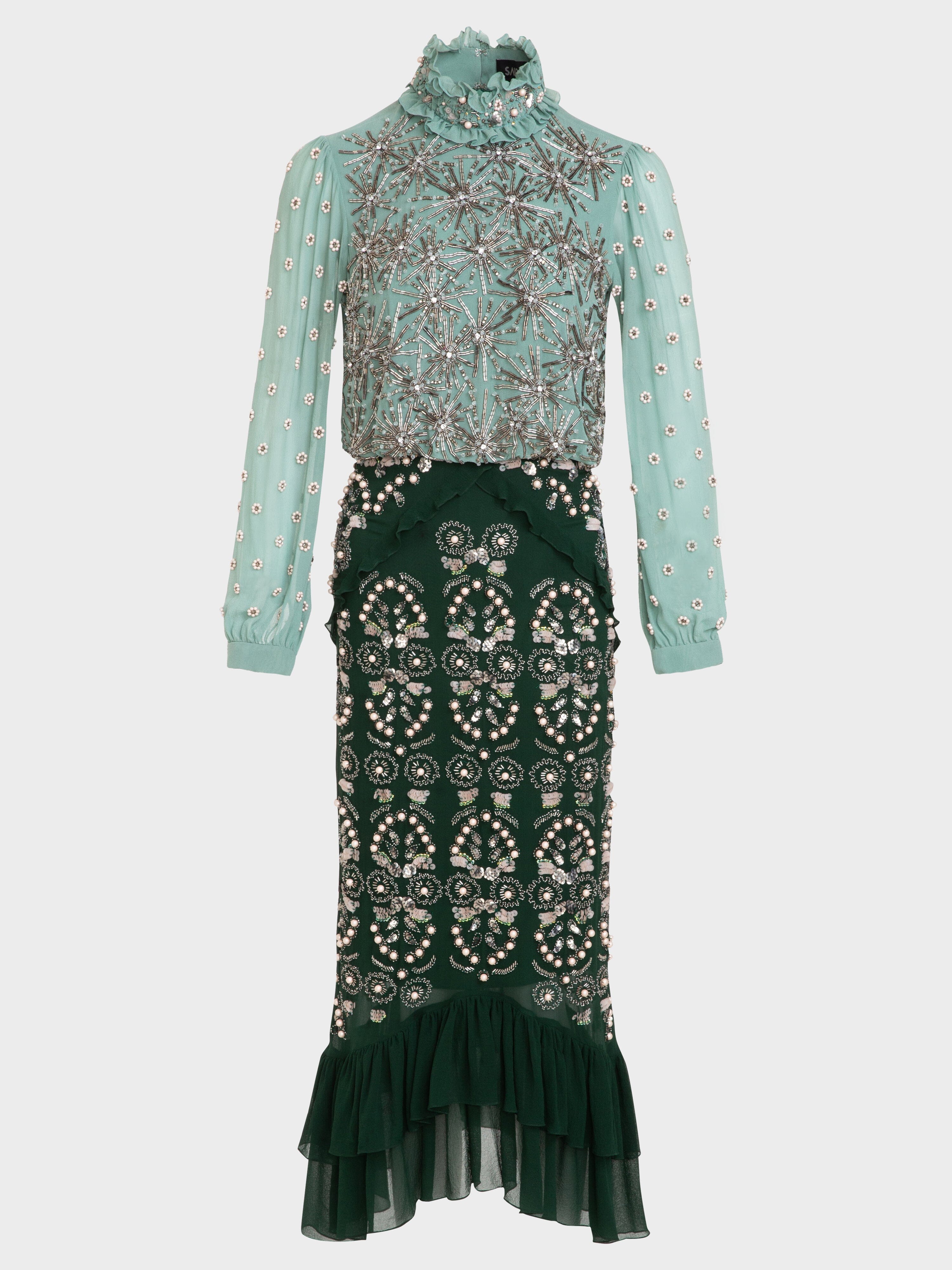 Saloni London - Isa Silk B Dress in Jade Green Embroidered Saloni London - Isa Silk B Dress in Jade Green Embroidered