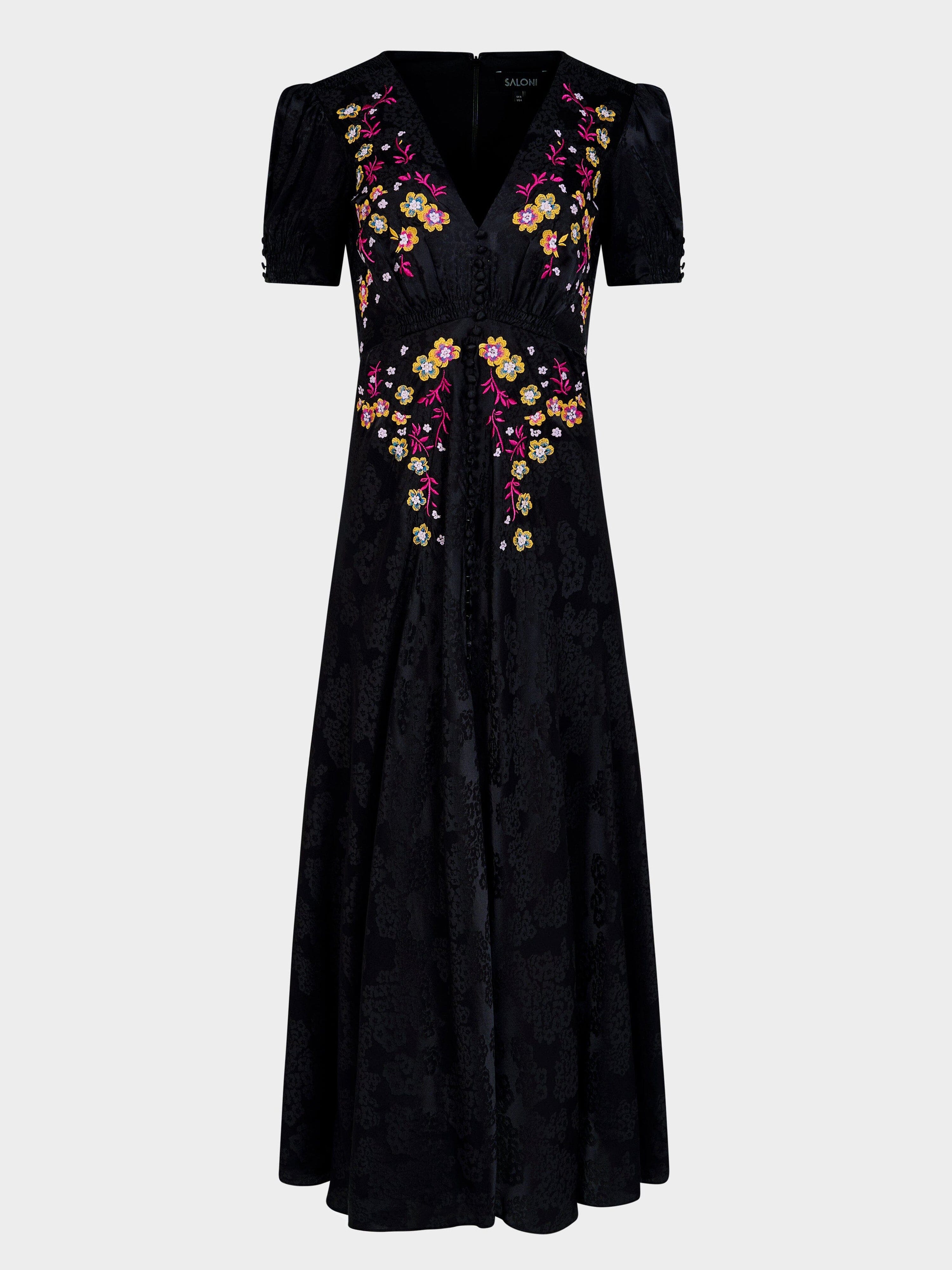 Lea Long Dress in Black Bright Flowers Embroidery – SALONI