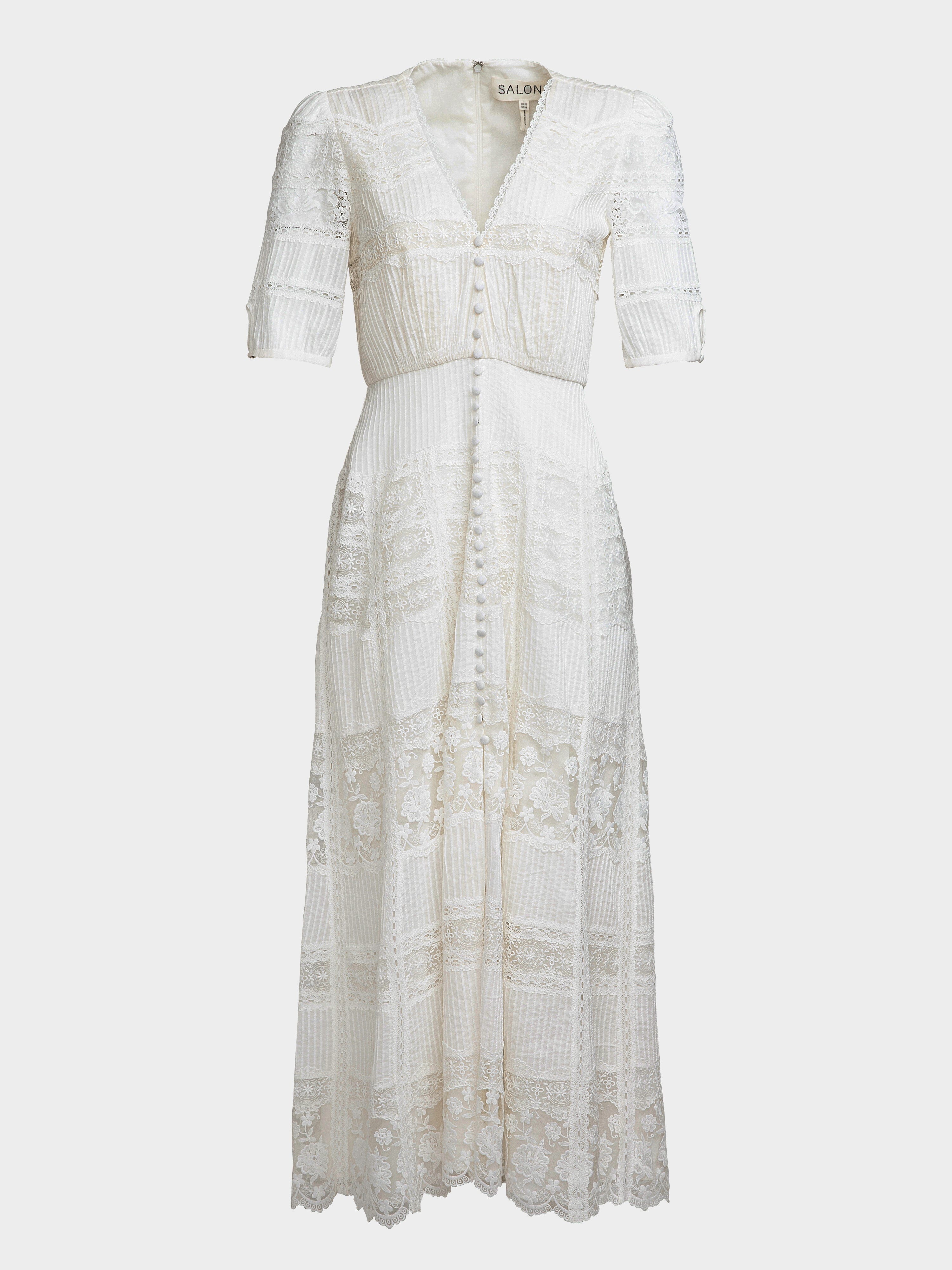 fitted lace wedding dress Saloni London - Lea Long Lace Dress in Ivory