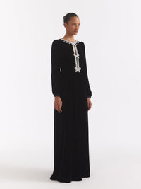 Camille Long Dress in Black Monarch Embroidery