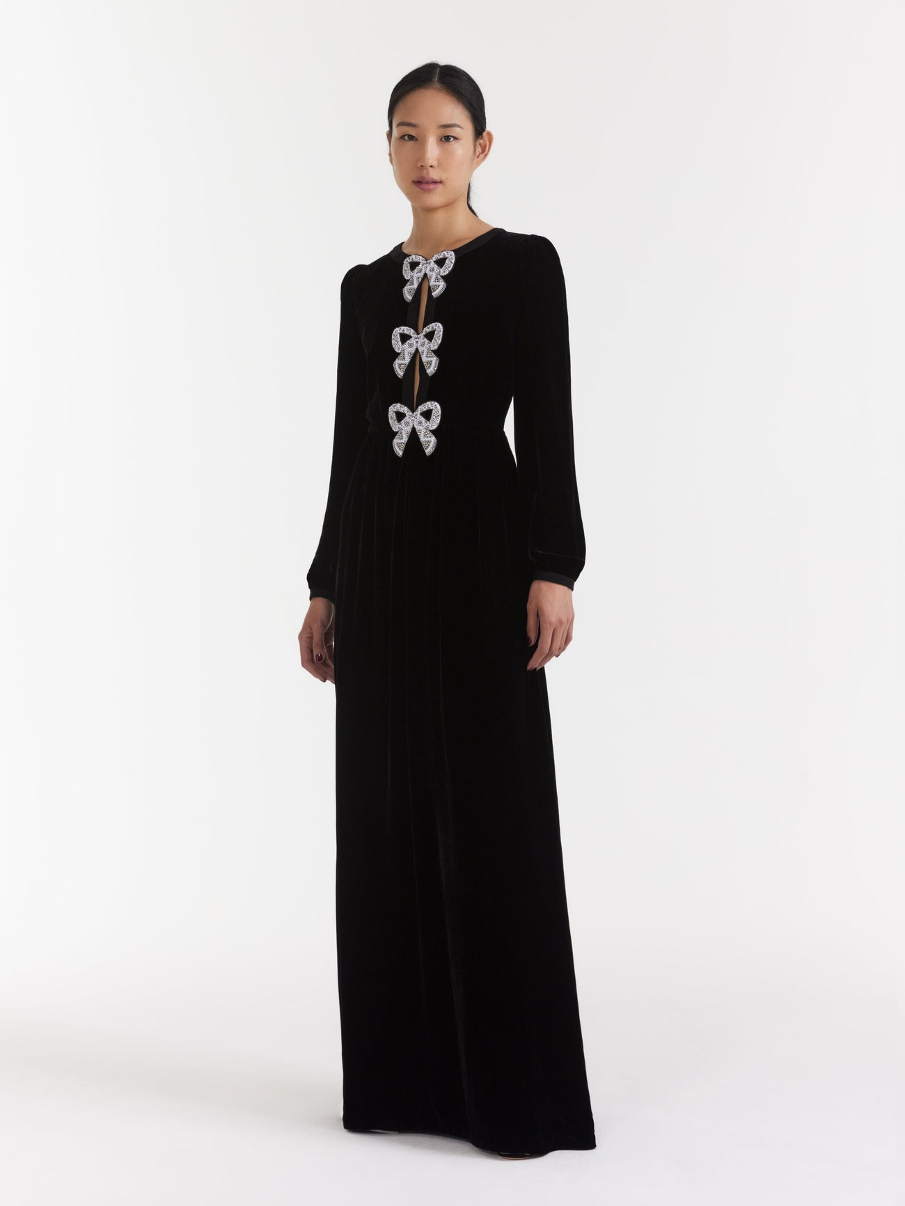 Load image into Gallery viewer, Camille Velvet Embellished Bows Long Dress in Black