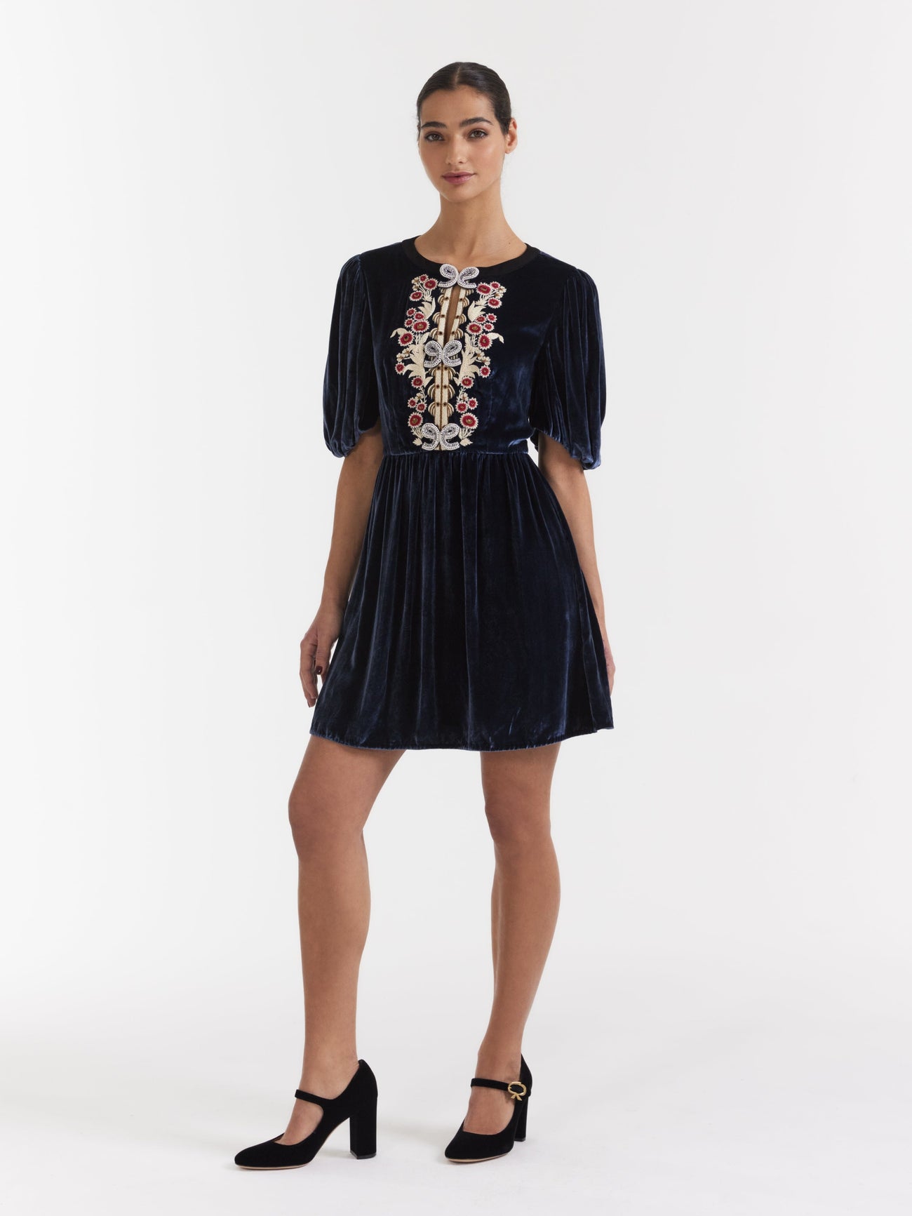 Load image into Gallery viewer, Camille Thread Short Dress in Navy