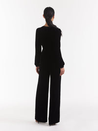 Camille Velvet Embellished Bows Jumpsuit in Black
