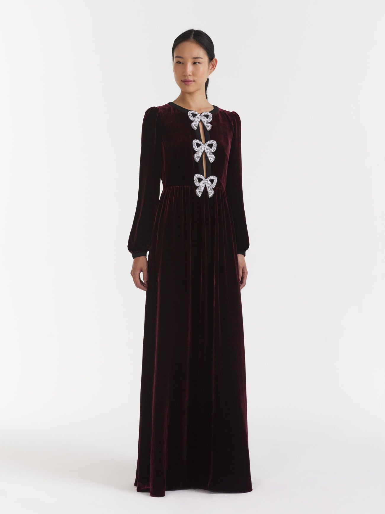 Load image into Gallery viewer, Camille Velvet Embellished Bows Long Dress in Burgundy