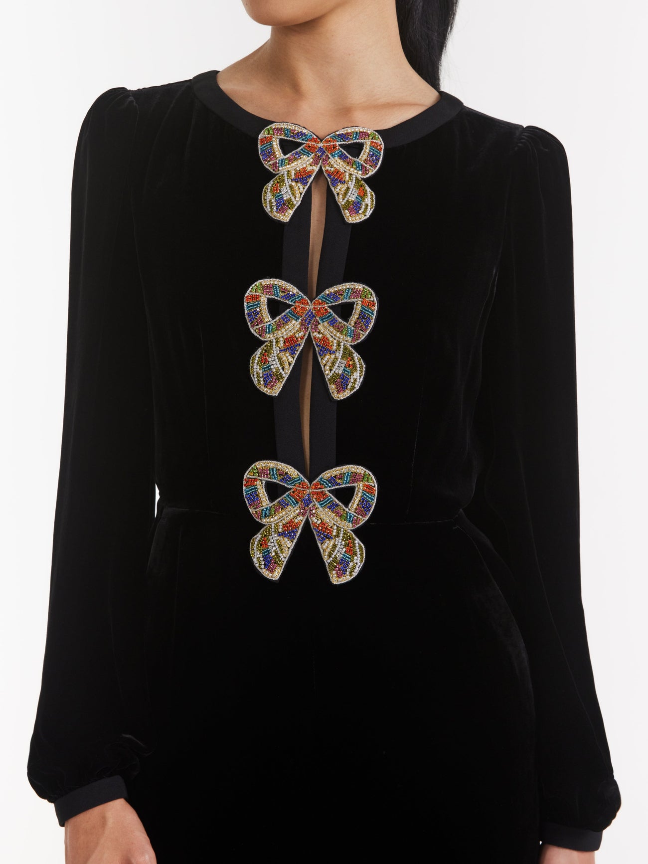 Load image into Gallery viewer, Camille Velvet Embellished Bows Jumpsuit in Black with Rainbow Bows