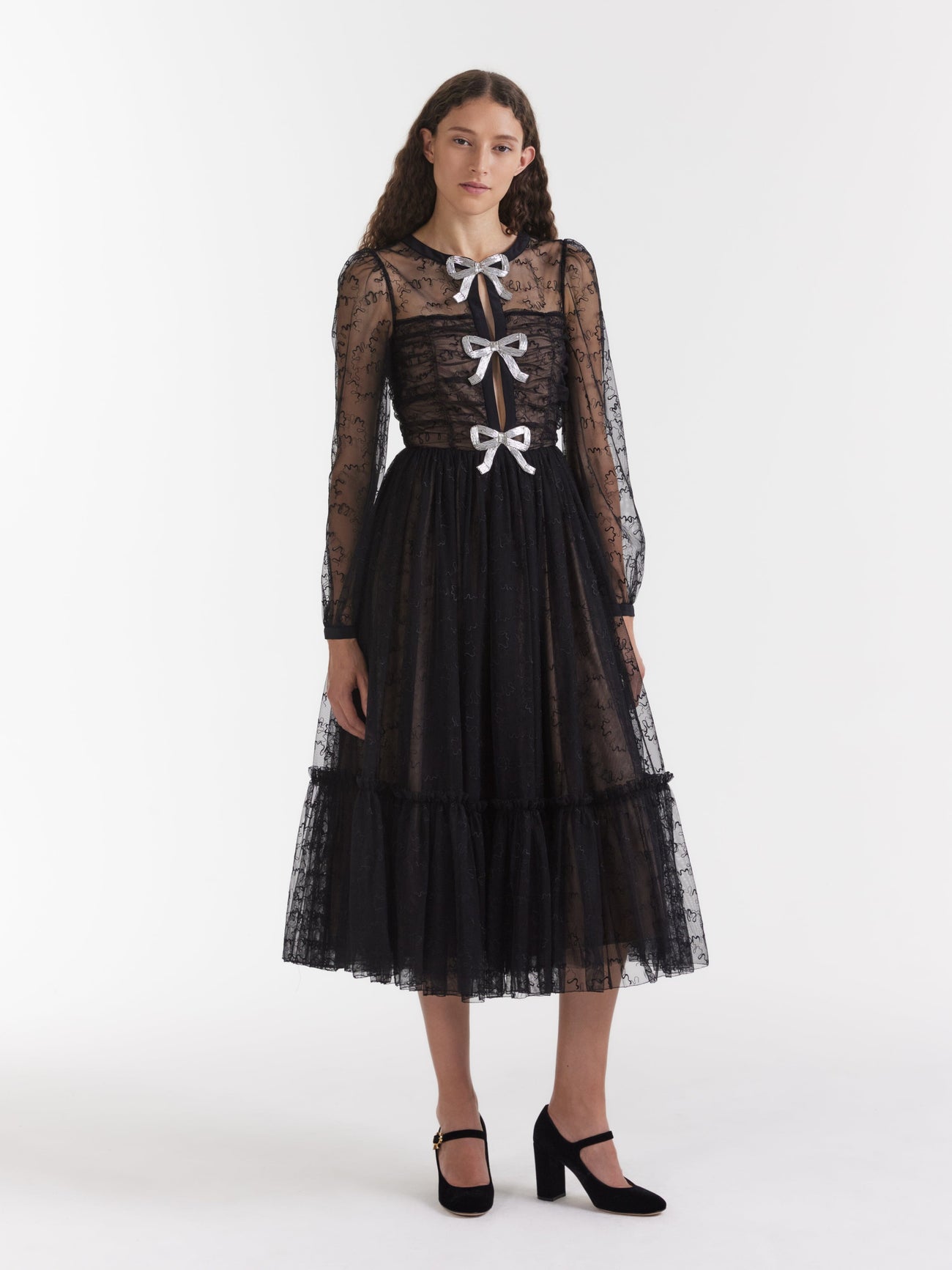 Load image into Gallery viewer, Camille Tulle Bugle Bows Dress in Black