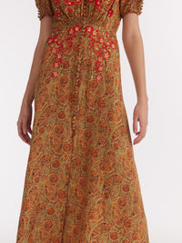 Lea Long Dress in Copper Paisley Embroidery
