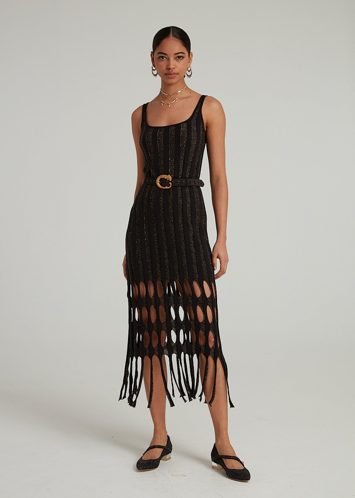 black dress with gold stripes Venyx Stripe Cutout in – SALONI elegant black and gold dress