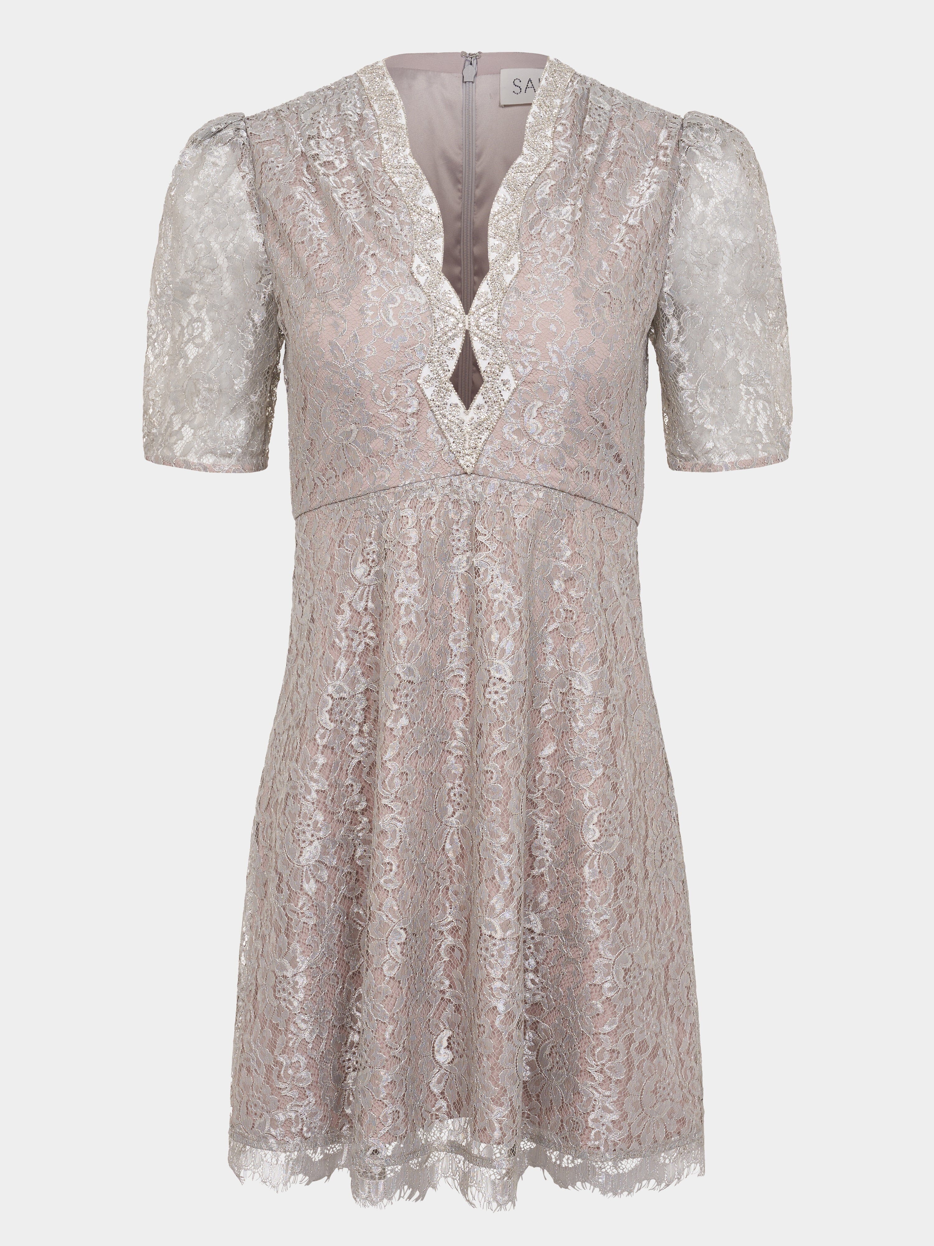saloni silver dress Saloni Tabitha Mini Lace Dress - Silver