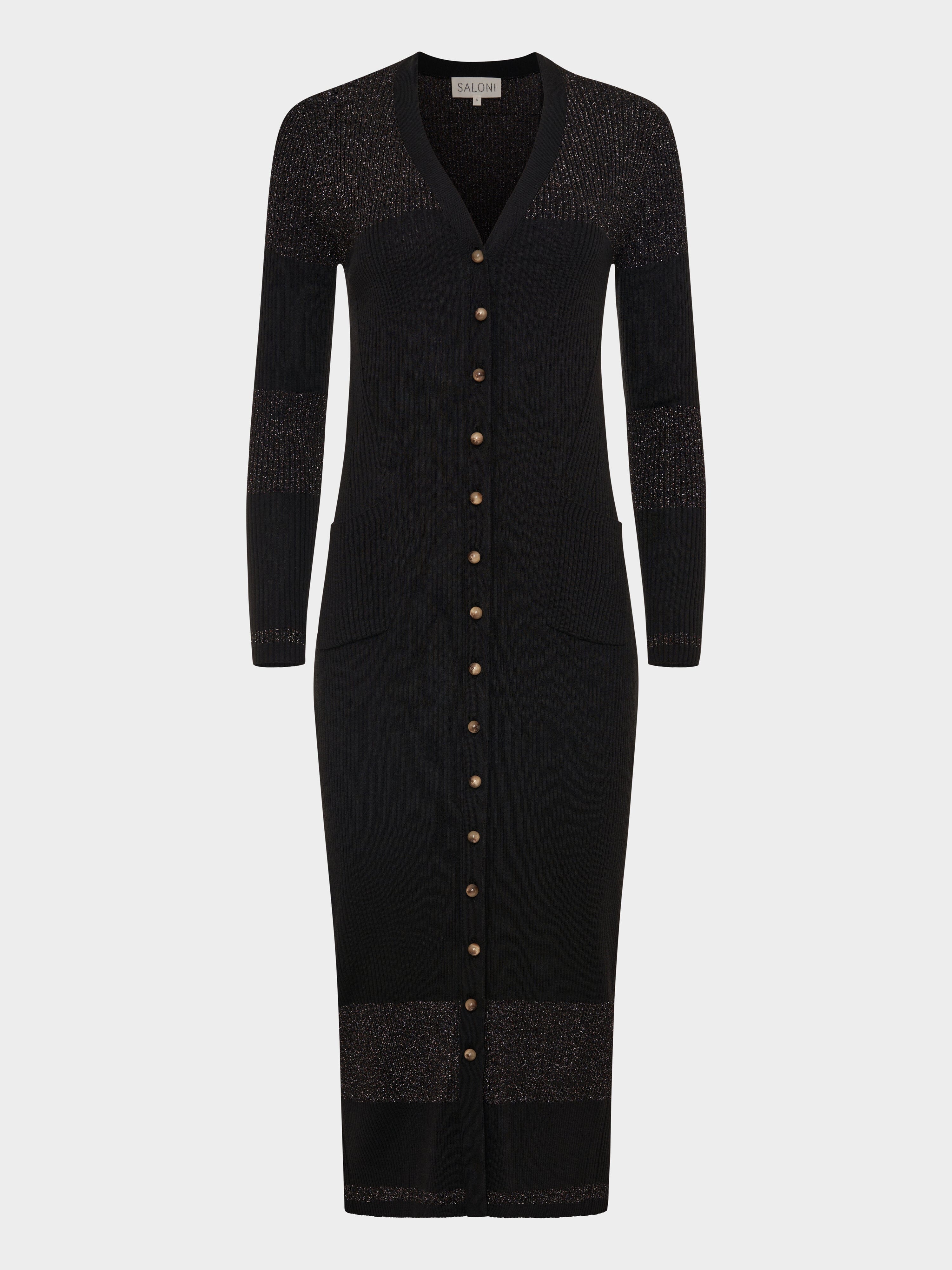 Saloni | Venyx Long Rib Cardigan Dress in Black Gold | Xs | Black Saloni | Venyx Long Rib Cardigan Dress in Black Gold | Xs | Black
