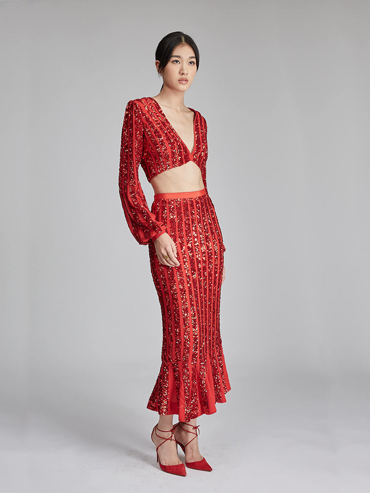Load image into Gallery viewer, Aidan Venyx Skirt in Scarlet with Sequin Embroidery