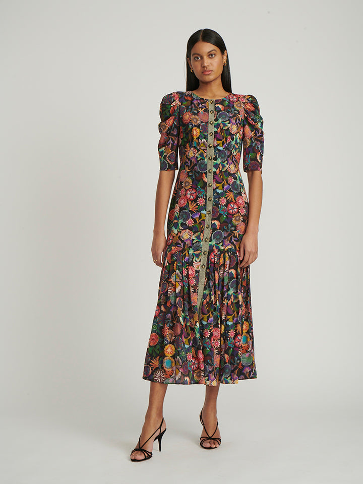 Load image into Gallery viewer, Colette Long Dress in Noir Adorning Check print