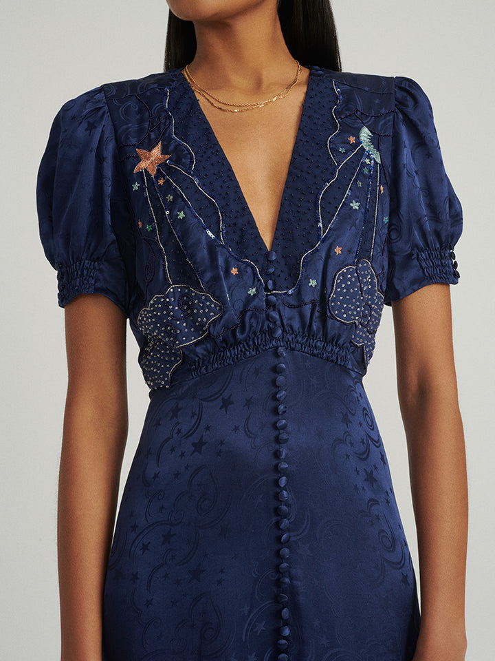 Load image into Gallery viewer, Venyx Lea Long Dress in Navy Astro Embroidered