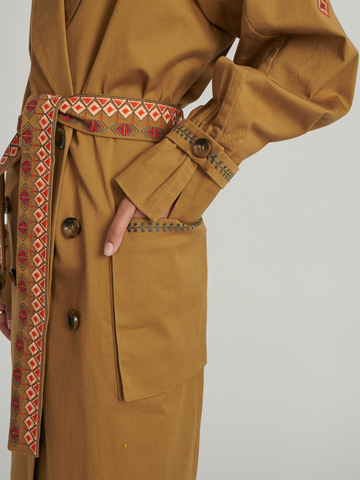 Load image into Gallery viewer, Khaki Trench With Ikat Embroidery
