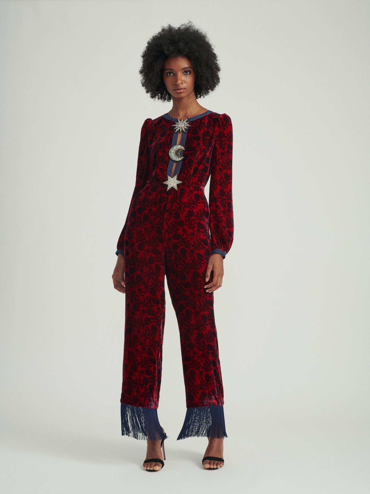 Load image into Gallery viewer, Camille Velvet Embellished Bows B Jumpsuit in Clover Wine
