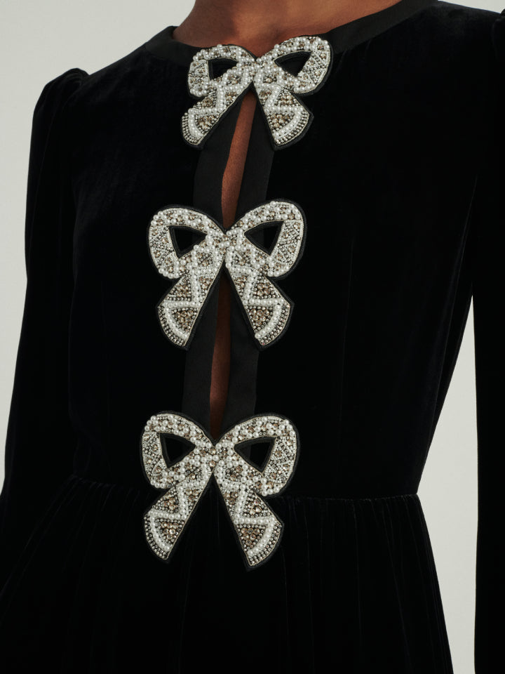 Load image into Gallery viewer, Camille Velvet Embellished Bows Dress in Black