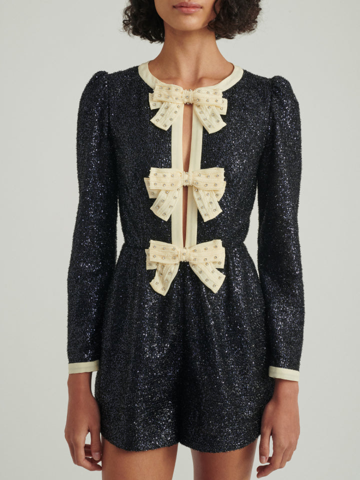 Load image into Gallery viewer, Camille Bows B Playsuit in Midnight Tinsel