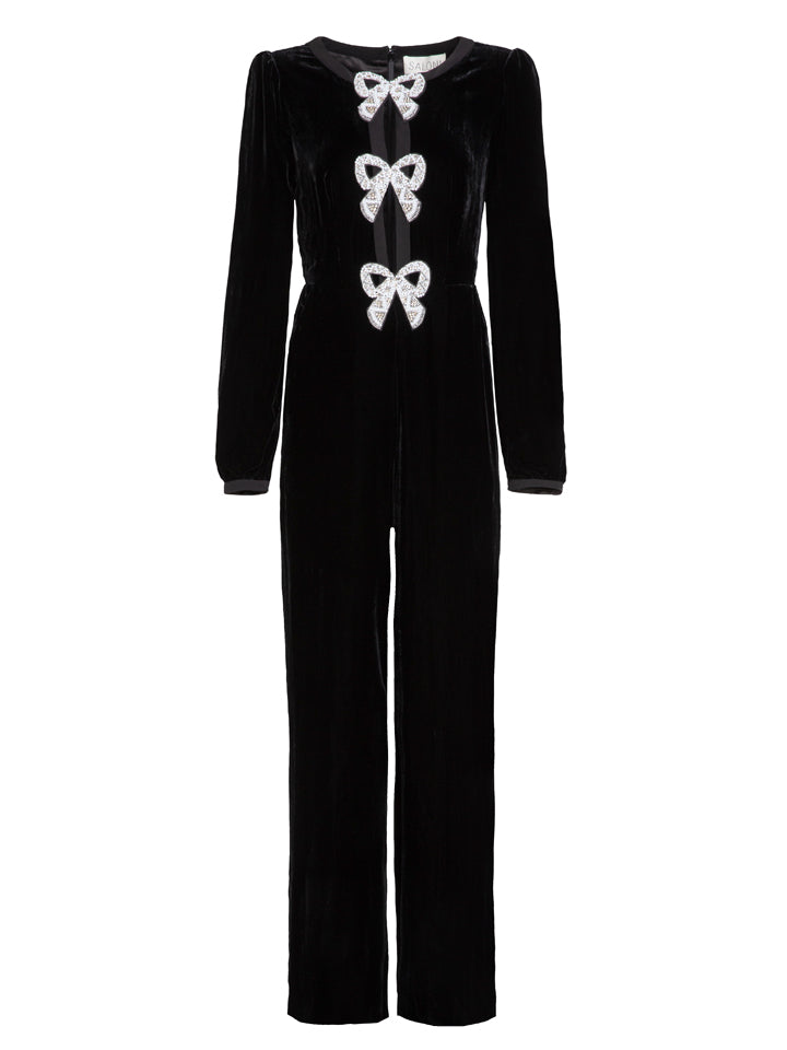 Load image into Gallery viewer, Camille Velvet Embellished Bows Jumpsuit in Black