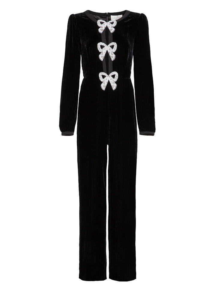 Saloni | Camille Velvet Embellished Bows Jumpsuit in Black | Black Saloni | Camille Velvet Embellished Bows Jumpsuit in Black | Black