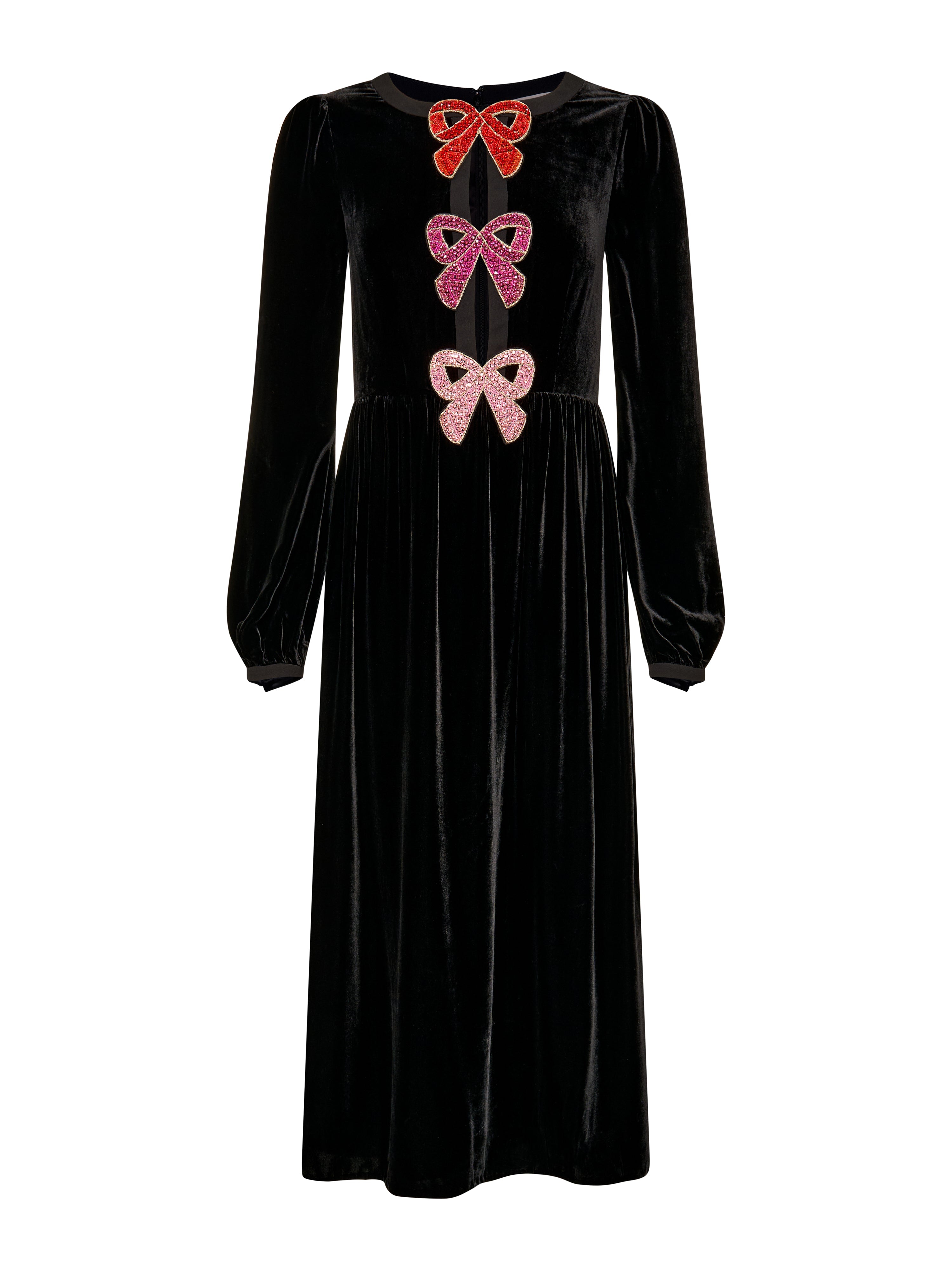 Camille Velvet Pink Bows Dress in Black – SALONI