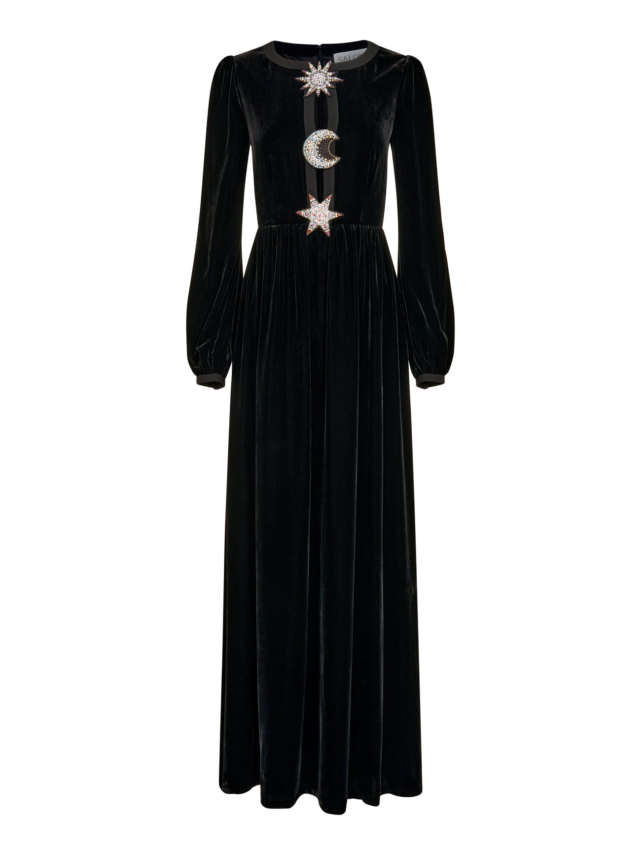 Load image into Gallery viewer, Camille Embellished Sun Moon Star Long Dress in Black