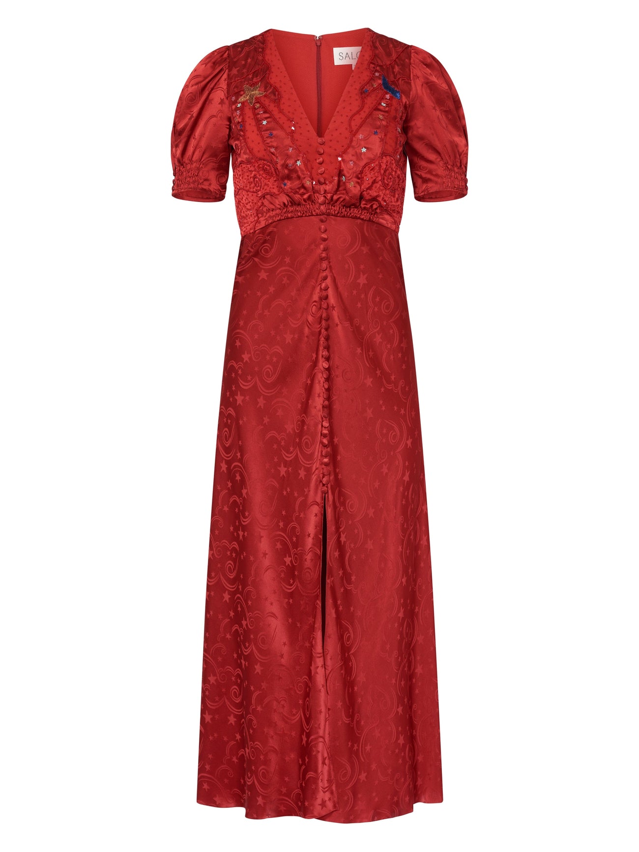 Load image into Gallery viewer, Venyx Lea Long Dress in Deep Red Moonbeam Embroidery