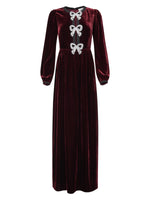 Camille Velvet Embellished Bows Long Dress in Burgundy