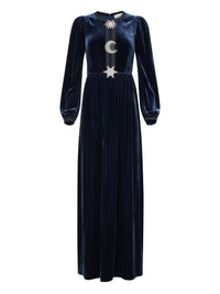 Camille Embellished Sun Moon Star Long Dress in Dark Navy