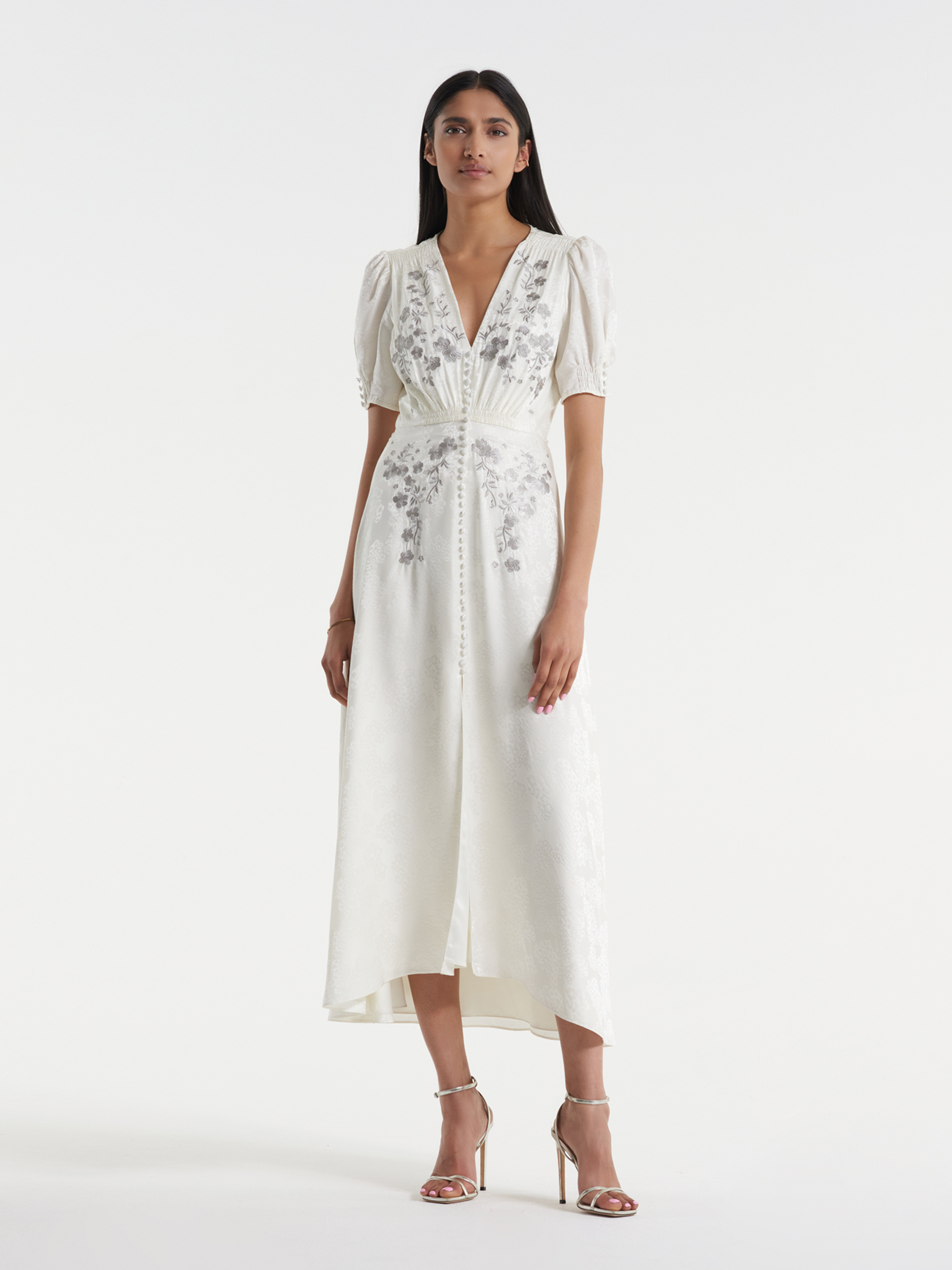 Lea Long Dress in Ivory Silver Embroidery