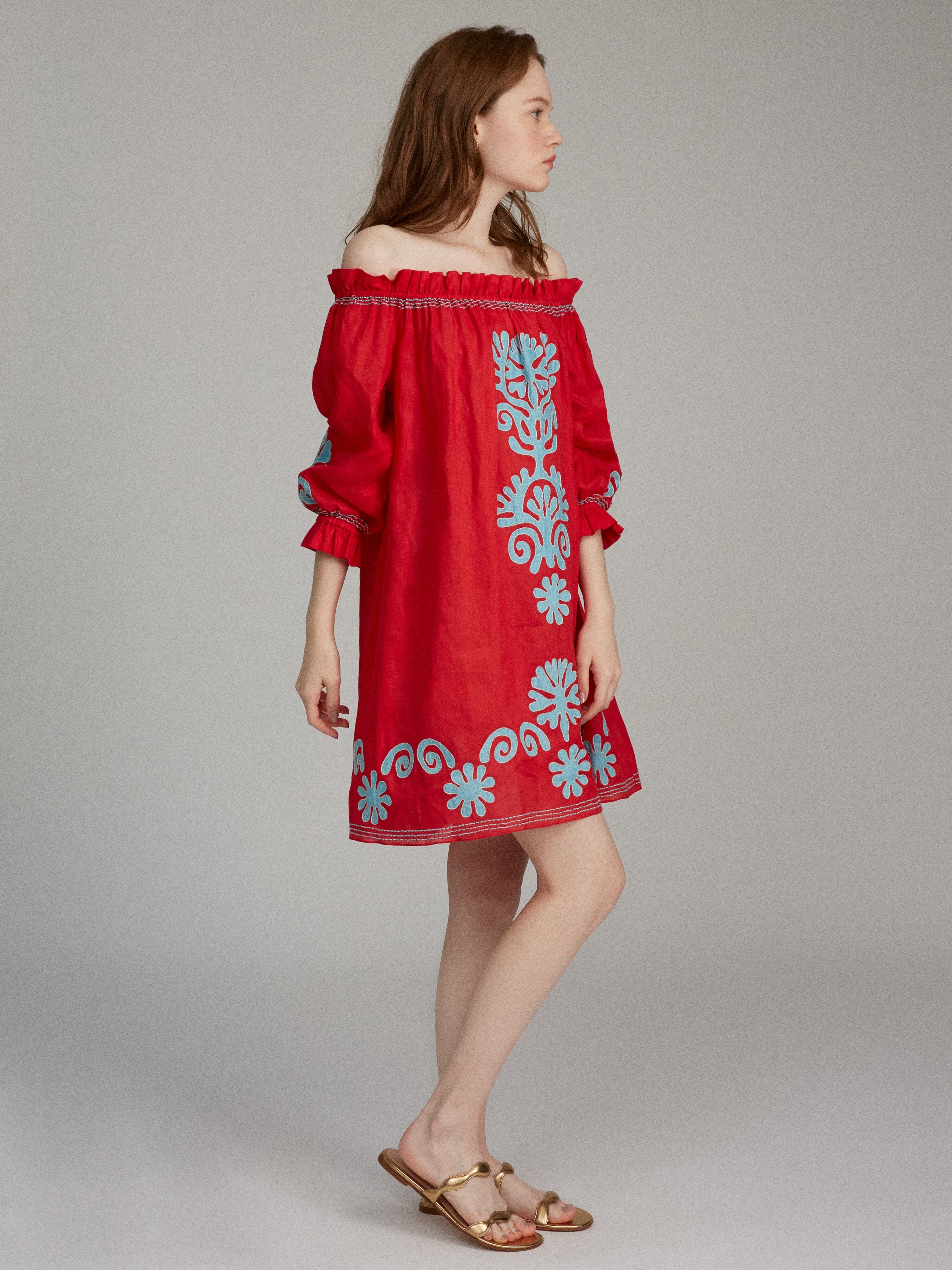 Gaby Short Dress in Cherry Red with Sky Embroidery