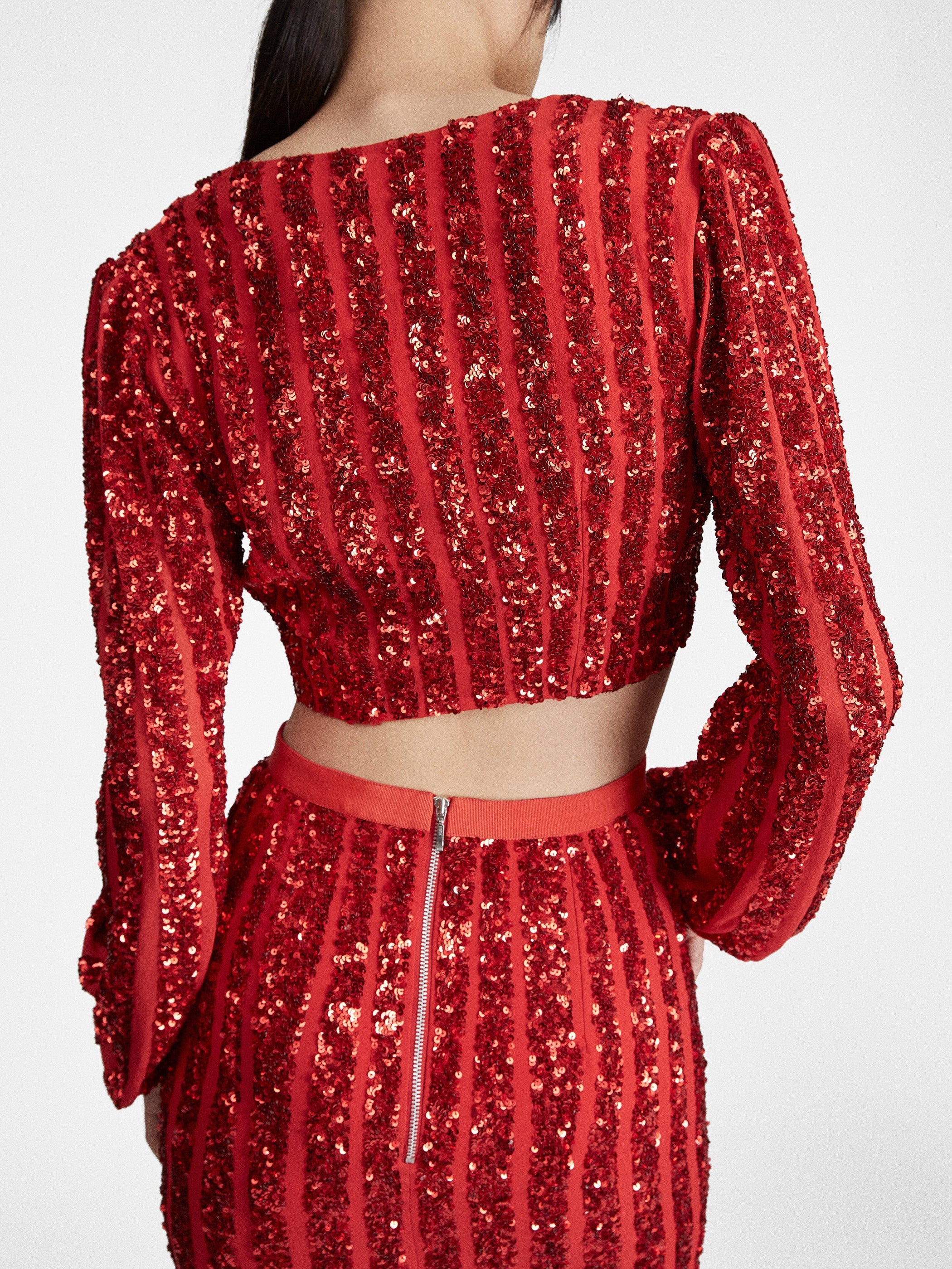 Venyx Camille Crop Top in Scarlet with Sequin Embroidery