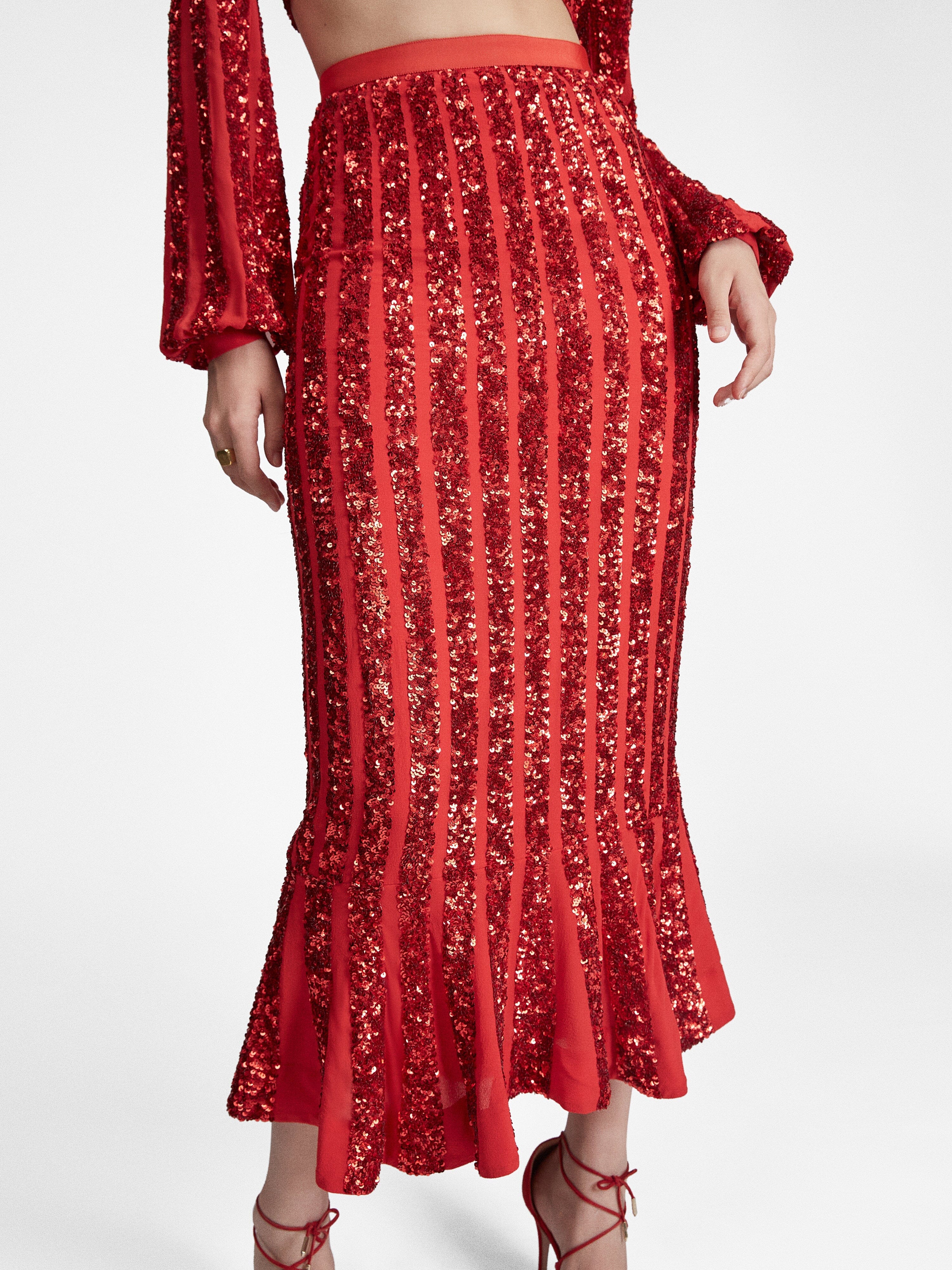 Aidan Venyx Skirt in Scarlet with Sequin Embroidery