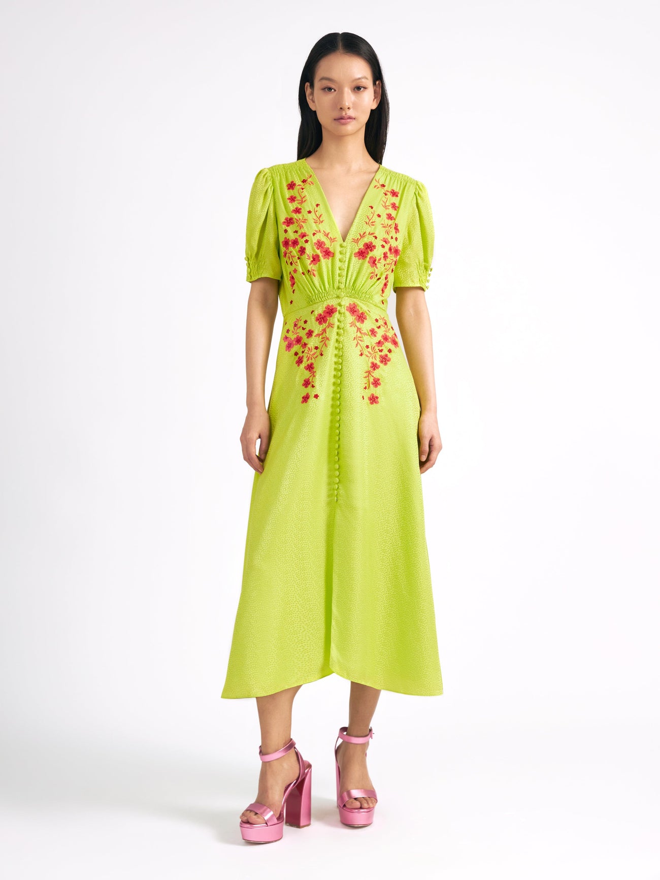 Load image into Gallery viewer, Lea Dress in Lime Coral Embroidery