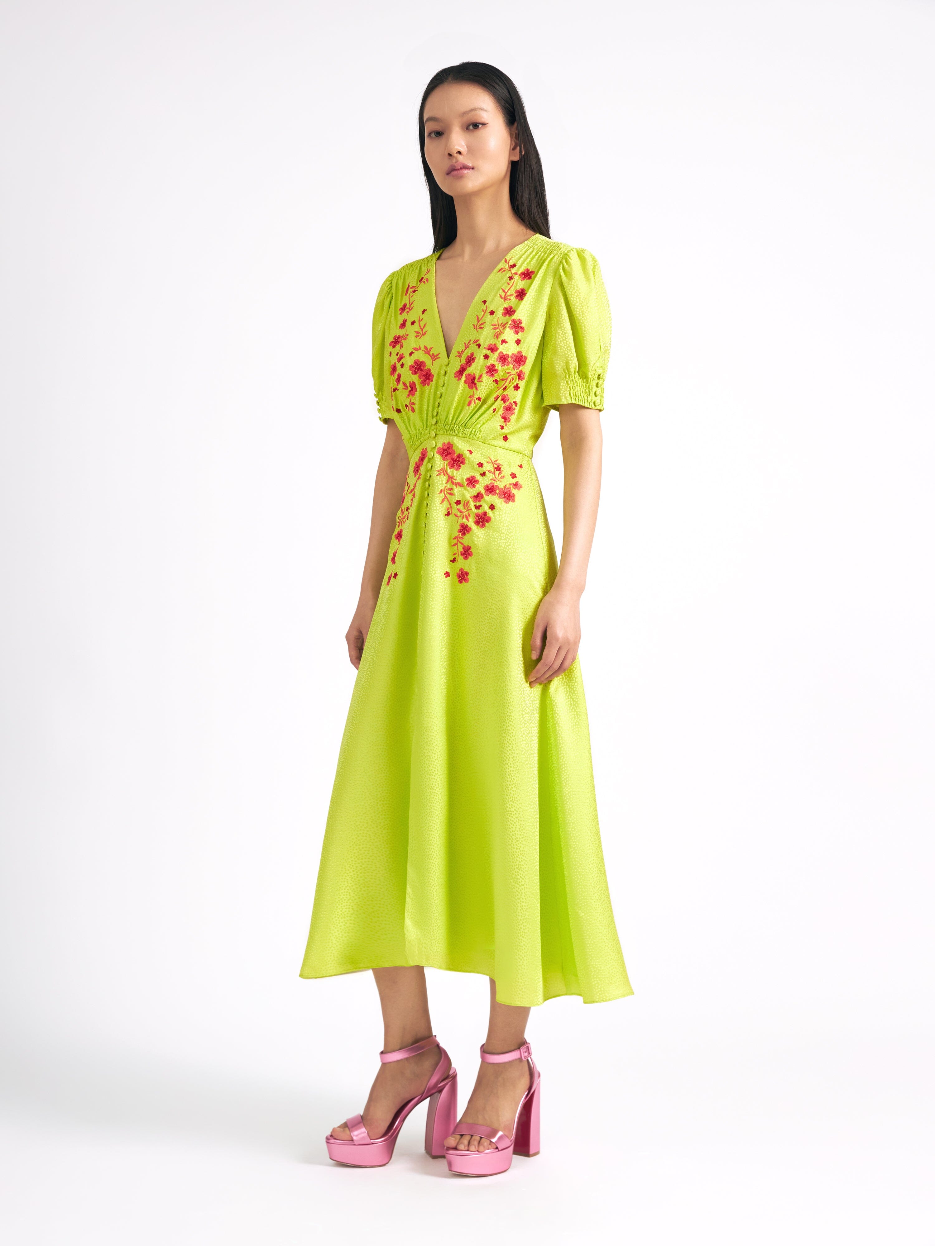 Lea Dress in Lime Coral Embroidery – SALONI