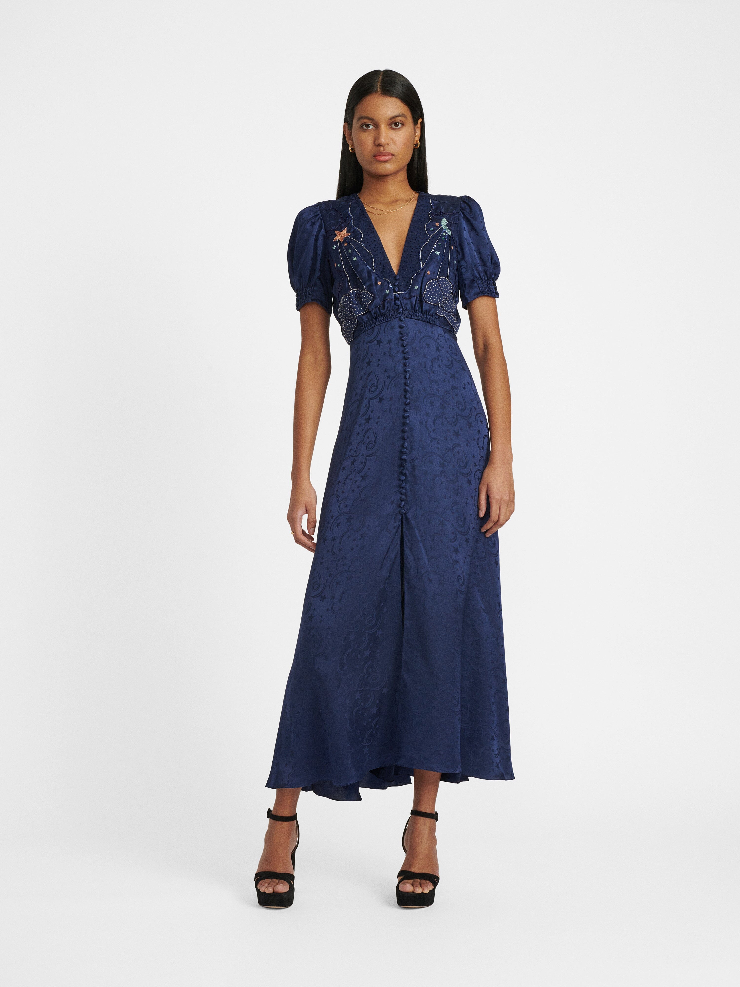 Venyx Lea Long Dress in Navy Astro Embroidered