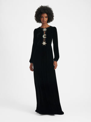 Camille Long Dress in Black Monarch Embroidery