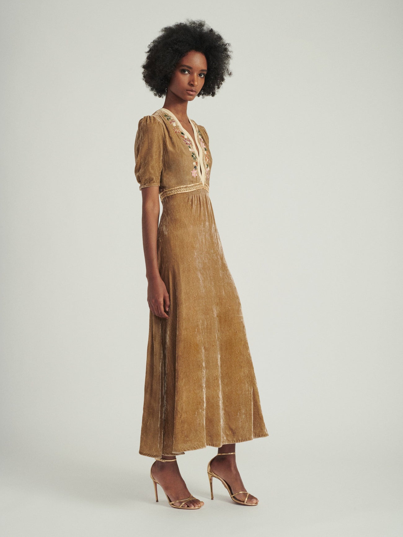 Load image into Gallery viewer, Tabitha Dress in Champagne with Indian Embroidery