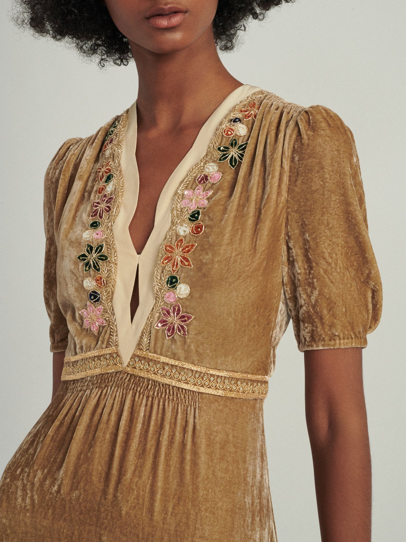 Load image into Gallery viewer, Tabitha Dress in Champagne with Indian Embroidery