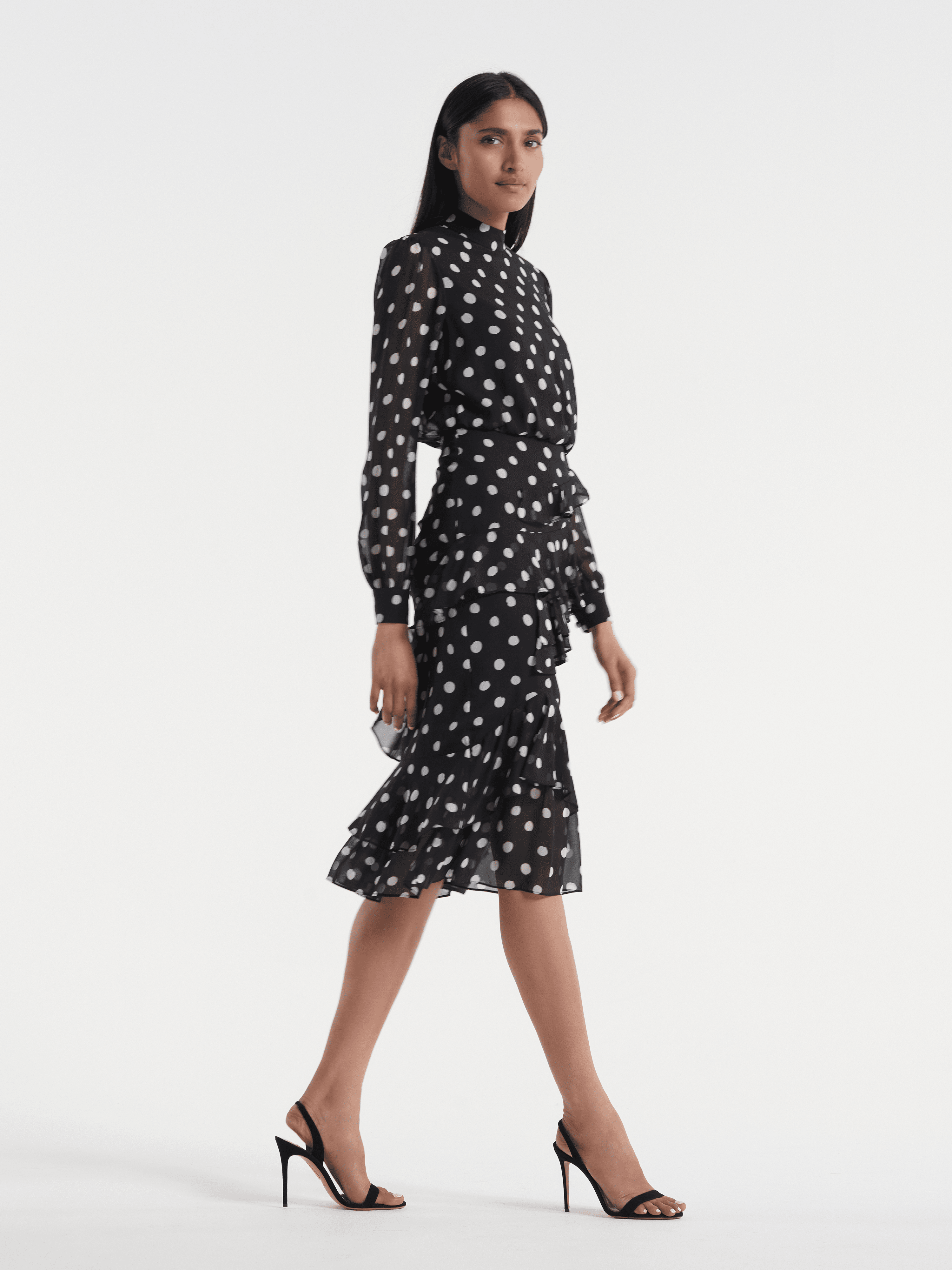 SALONI London - Isa Ruffle Dress in Mono Dot - Silk SALONI London - Isa Ruffle Dress in Mono Dot - Silk