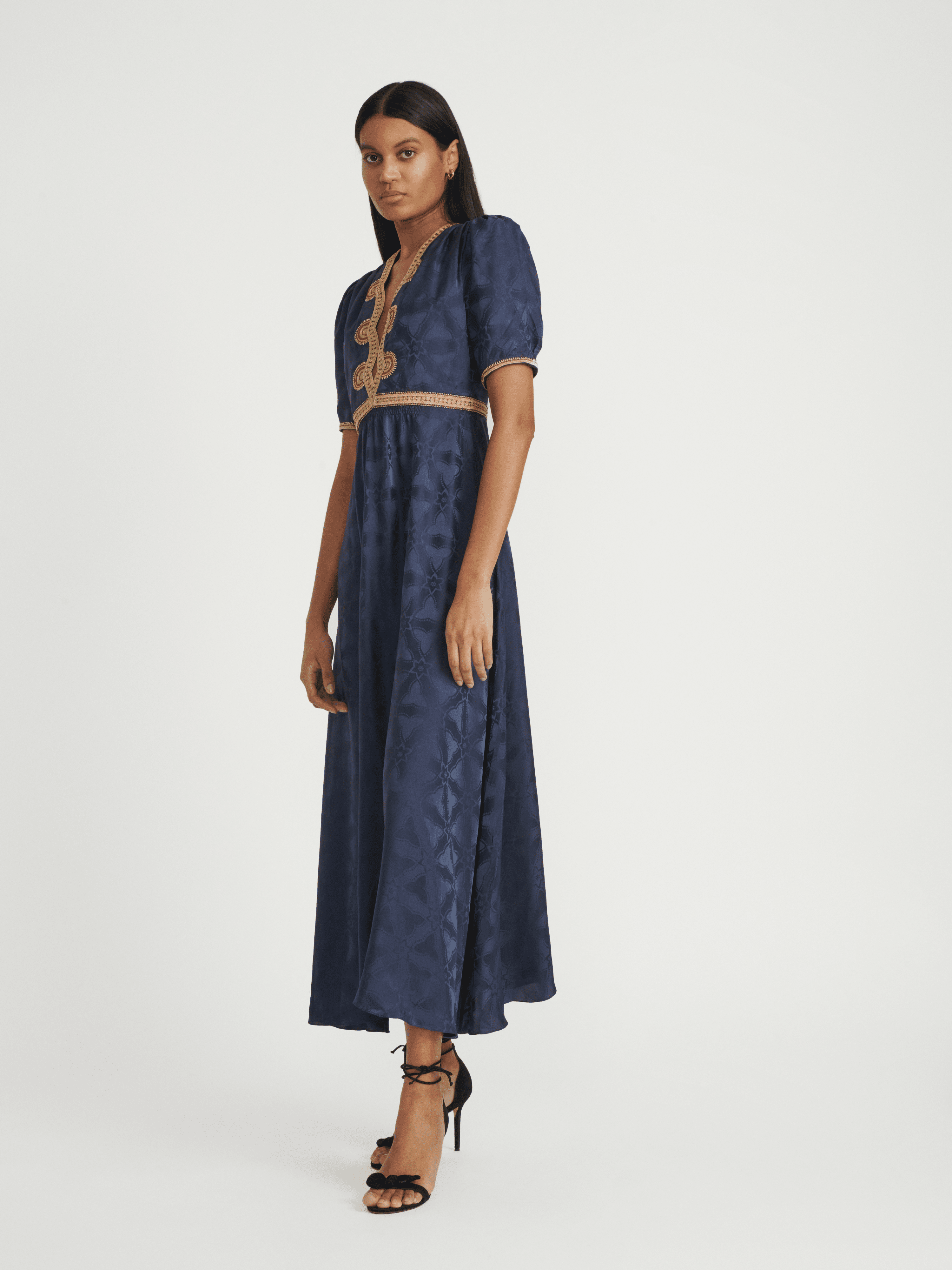 Tabitha Dress in Navy with Ornate Embroidery