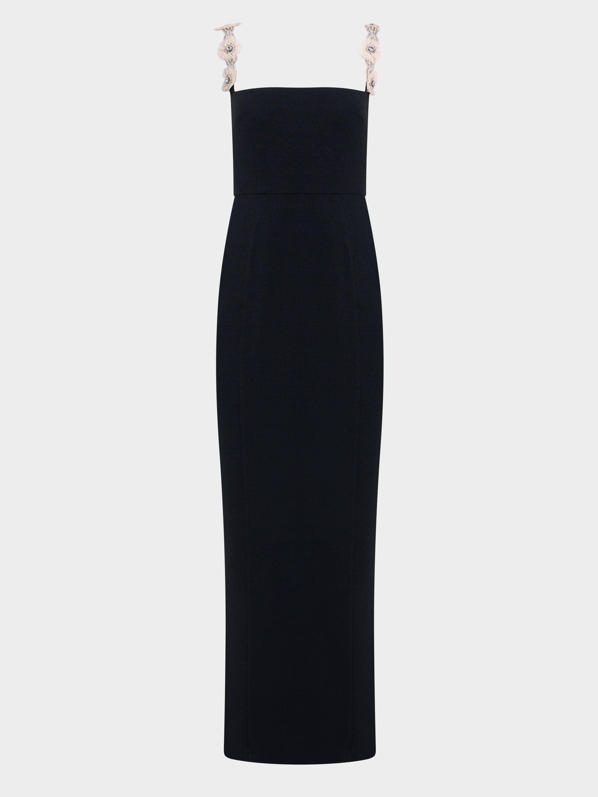 Black square neck crepe maxi dress with embroidered straps