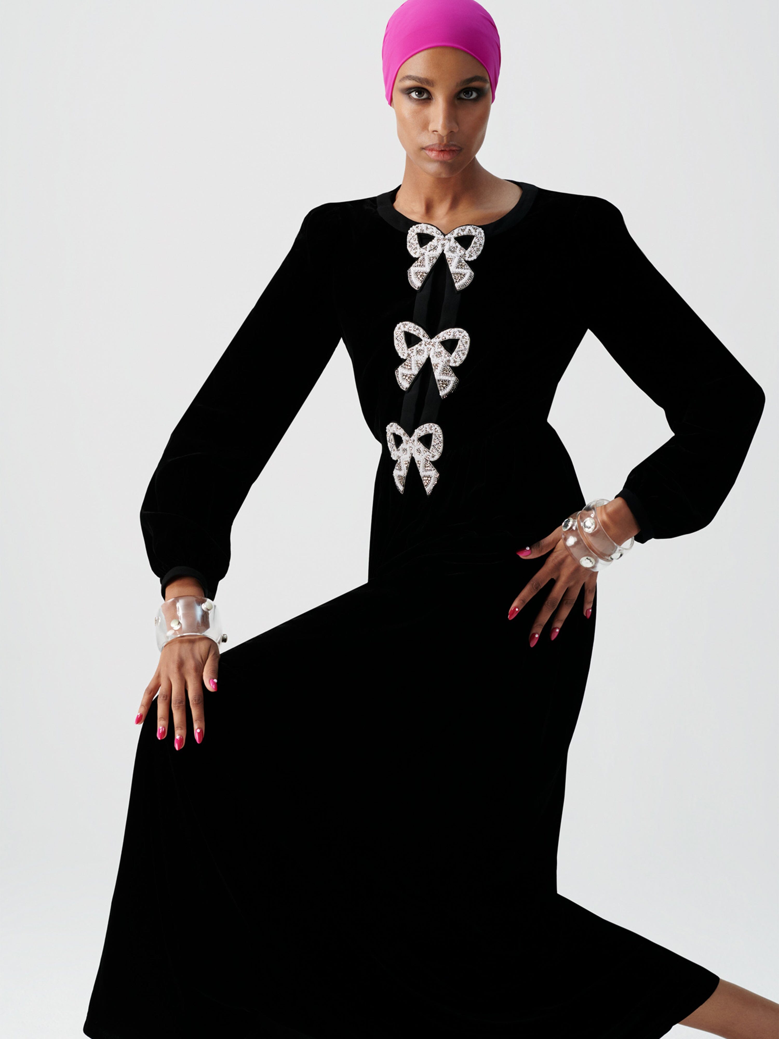 Camille Velvet Embellished Bows Long Dress in Black – SALONI