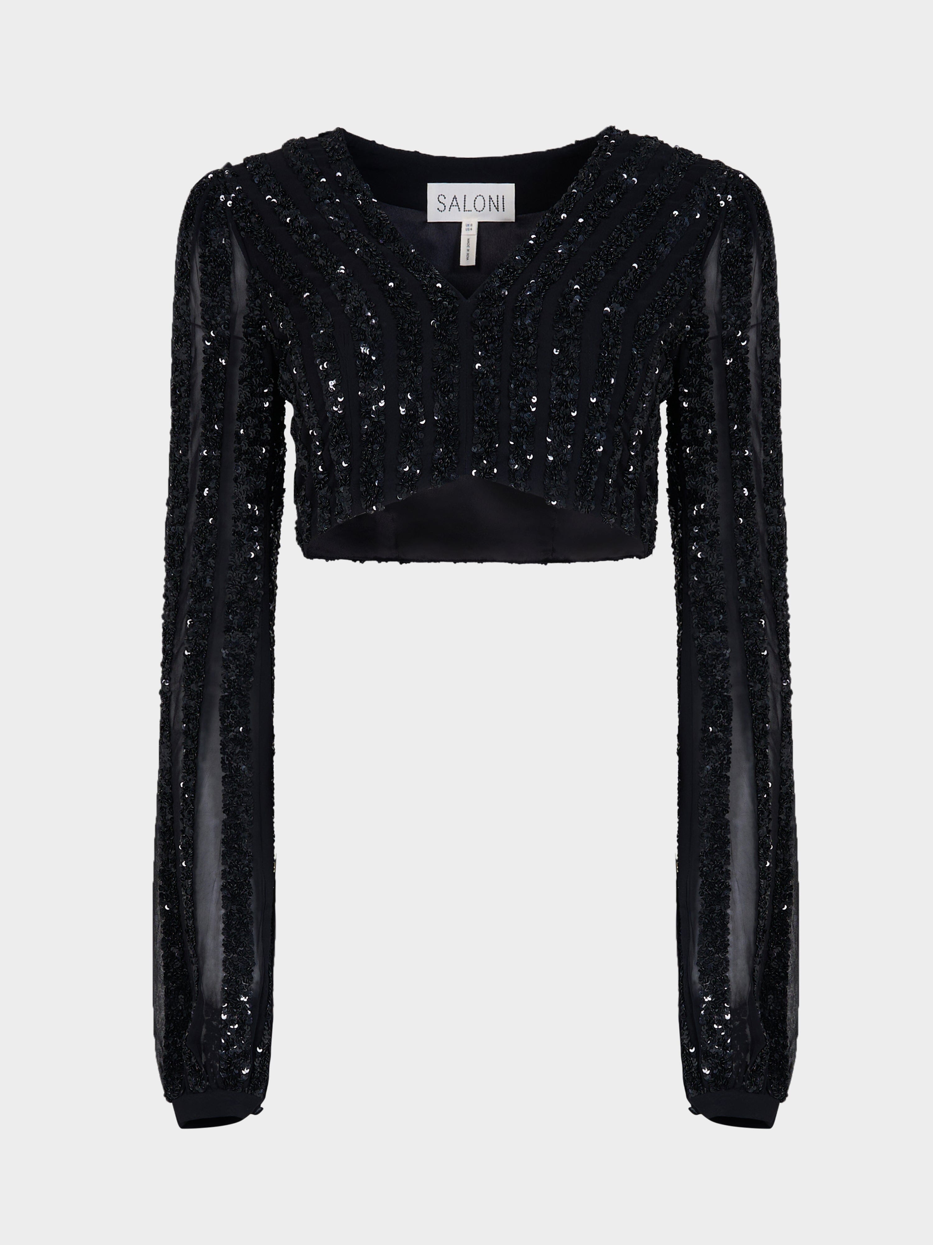 Camille Crop Top in Black Sequin Embroidery