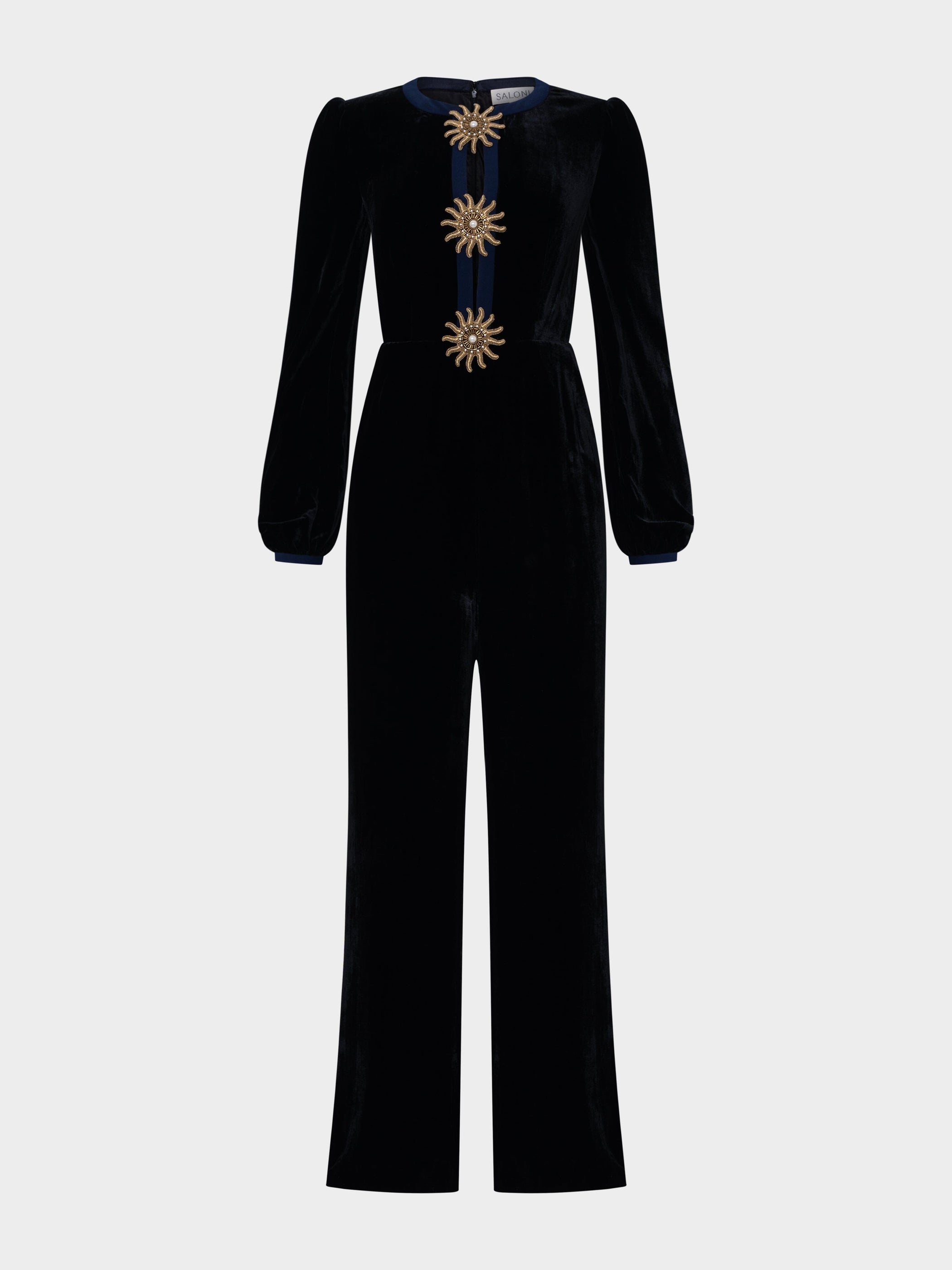 Camille Bows Jumpsuit in Black Gold Embroidery